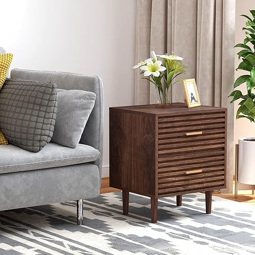 Miniatura 6 de Juego de 2 mesitas de noche modernas de mediados de siglo con 2 cajones de almacenamiento y patas de madera maciza, mesa auxiliar de madera vintage,