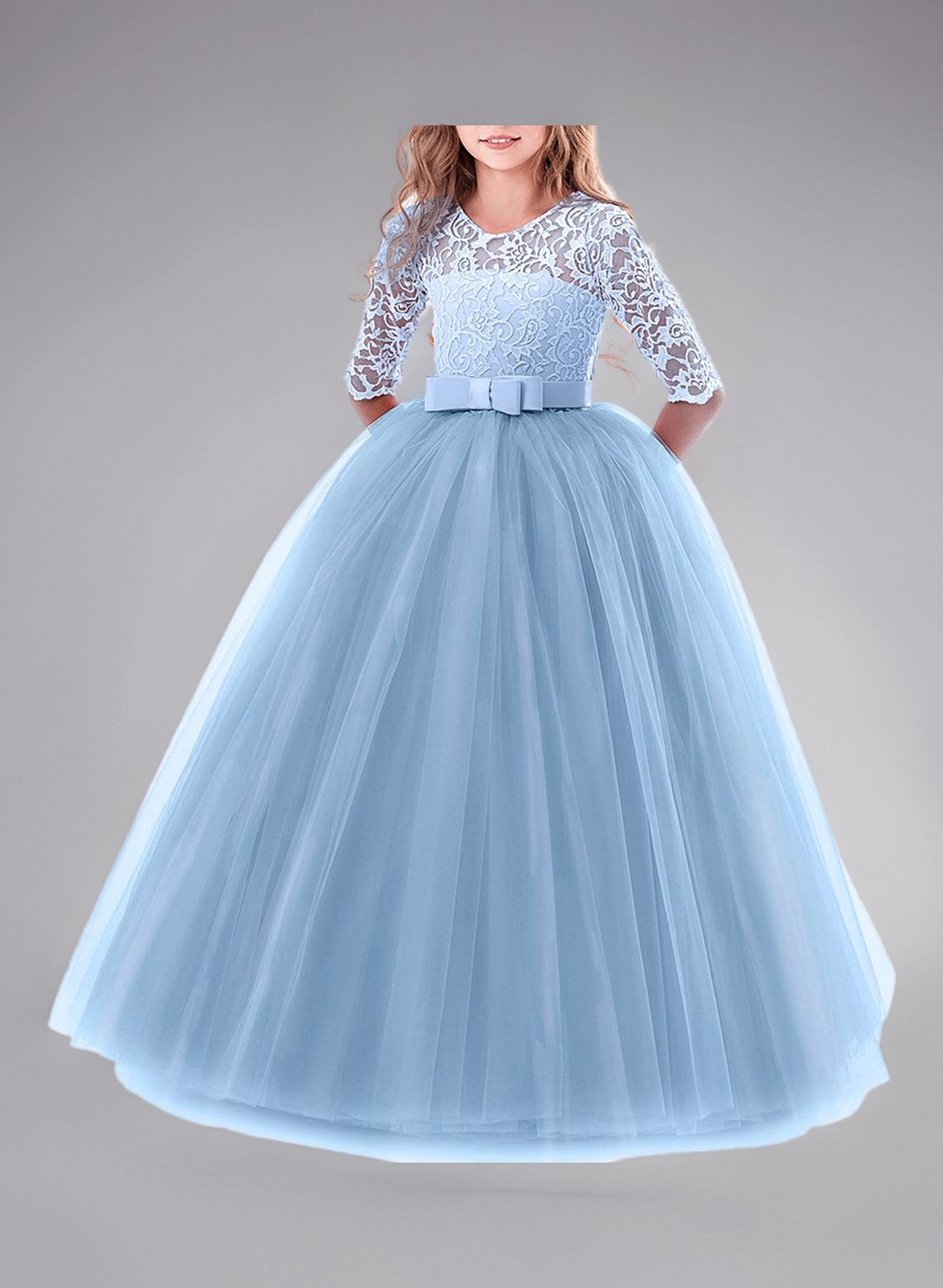 Flower Girls Lace 3/4 Sleeve Dress Wedding Bridesmaid First Communion Evening Party Floor Length Dress Kids Princess Pageant Birthday Prom Carnival Christmas Ball Gown