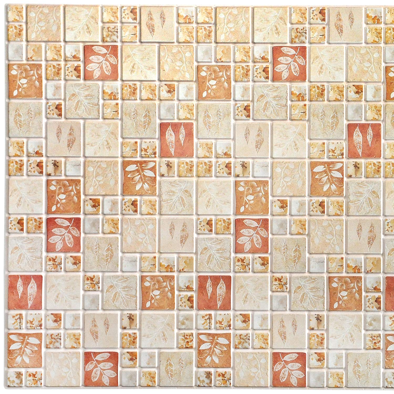 Dundee Deco Beige Light Green Red Faux Squares with Leaves PVC 3D Wall Panel, 3.2 ft X 1.6 ft (96 cm X 48cm), Interior Design Wall Paneling Decor, Sample 9 in X 9 in