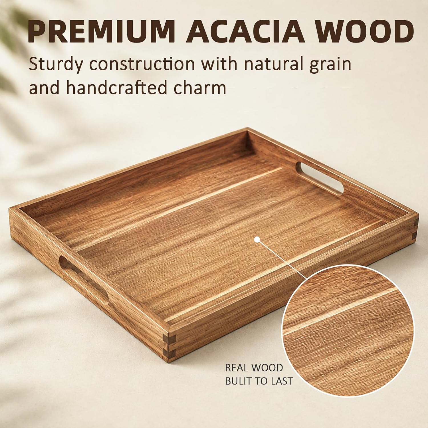 Solidith Acacia Wood Serving Tray with Handles Set of 2 for Serving Food