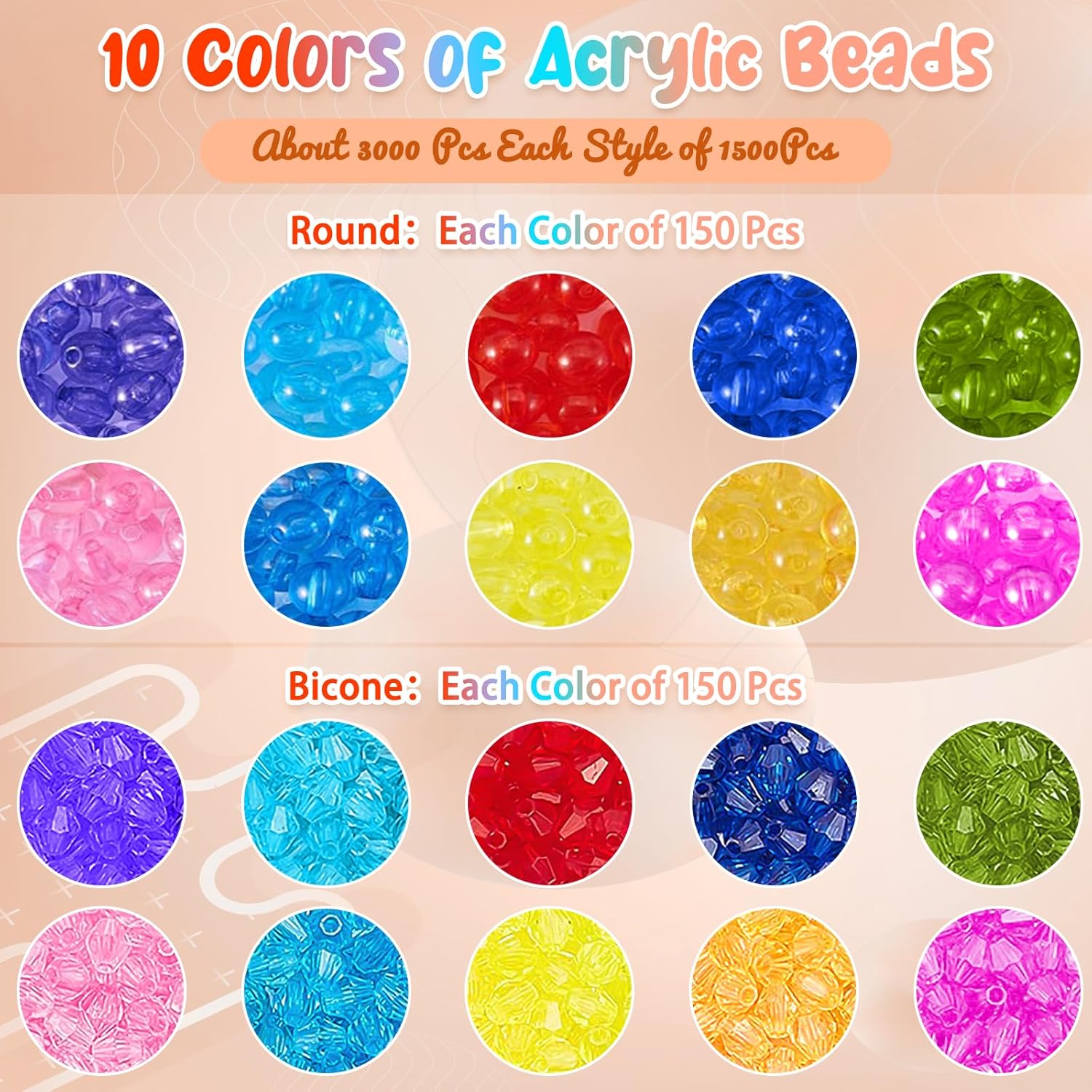 3000Pcs 10Colors Crystal Beads for Jewelry Making,Round Crystal Acrylic Beads Bicone Bracelet Beads Faceted Acrylic Beads Spacers Beads Bulk for Bracelet Necklace Earring Making Kit DIY Crafts - Image 2