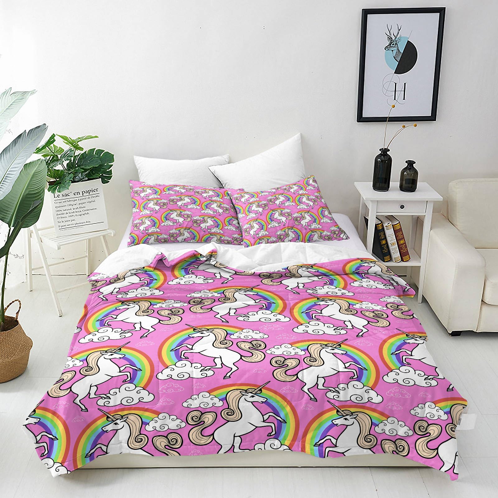 ANHOPE Unicorn Duvet Cover Set Soft Lightweight 3 Piece Bedding Set including 2 Pillowcase Pink Background Colorful Rainbow Unicorn Cloud Print Pattern Kids Girls Quilt Cover with Zipper Closure Single