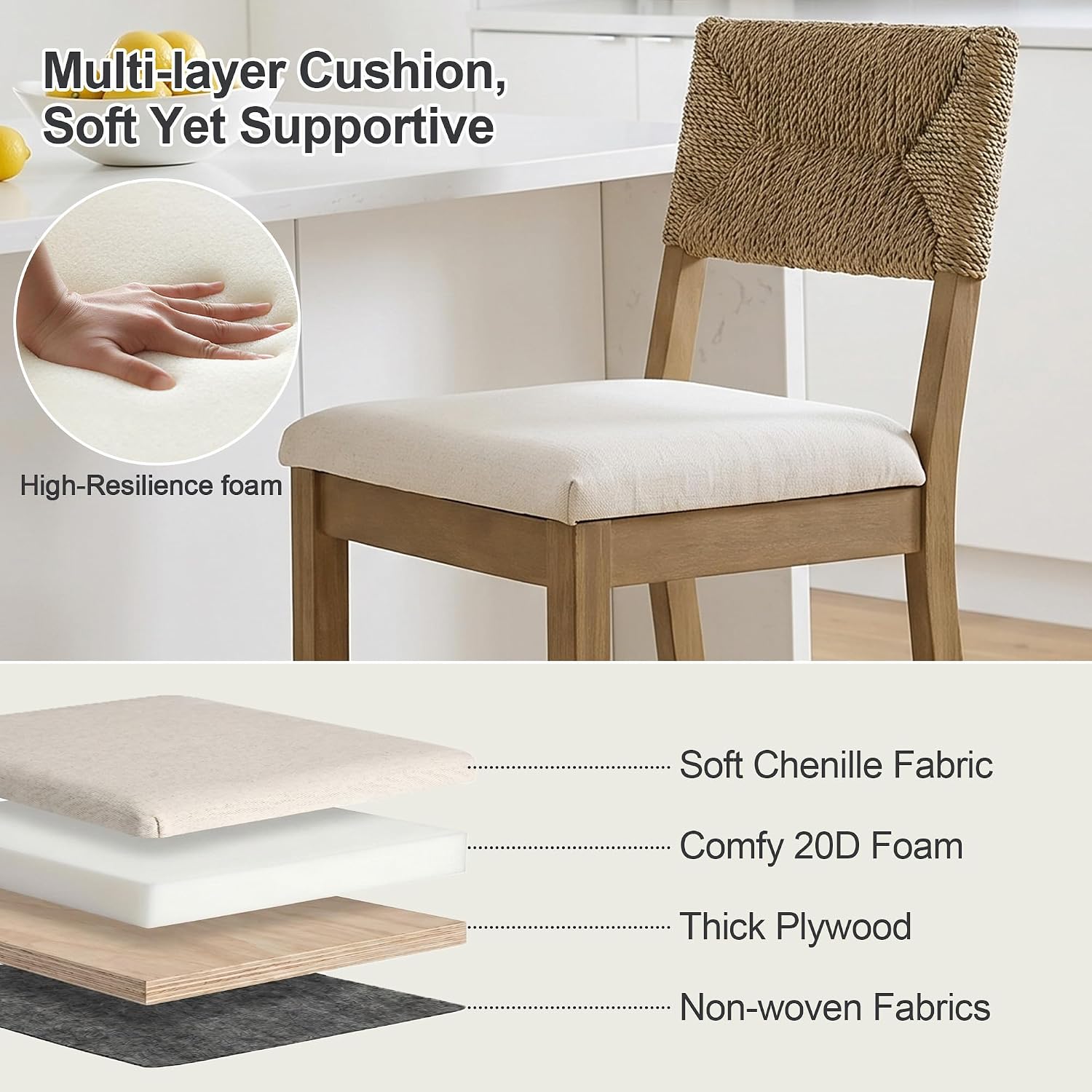 Counter Height Bar Stools Set of 4, Natural Hand Woven Seagrass Back Wood Rattan Bar Chairs, Upholstered Beige Linen Cushion & Footrest, Coastal Farmhouse Stools for Kitchen Island Home Bar thumbnail