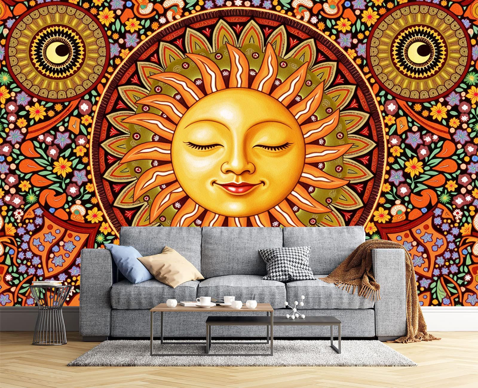 Fotomurales naranja quemado de sol psicodélico floral para una decoración sofisticada 1