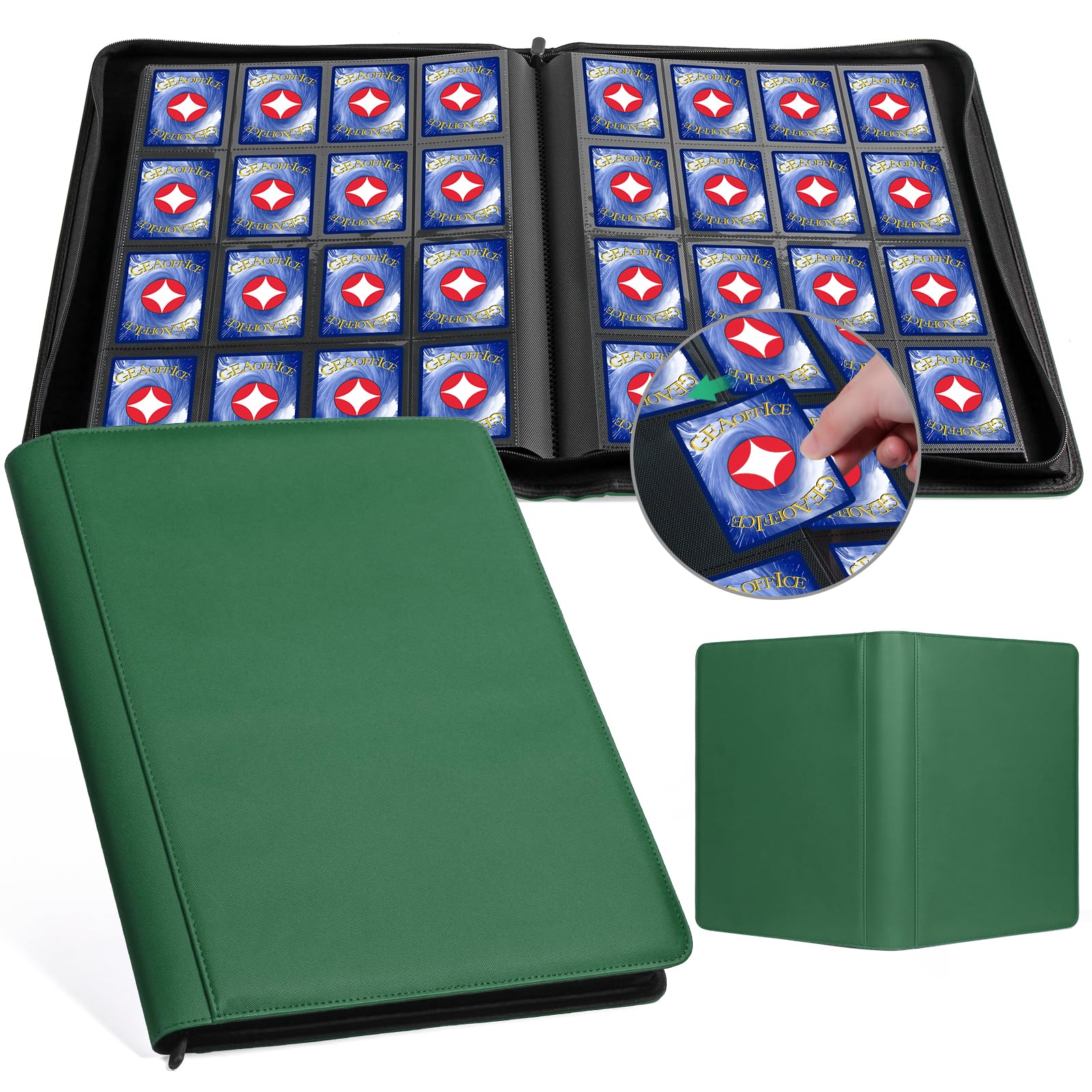 GEAoffice 16 Pocket Trading Card Binder for 1000+ Cards, Ringless Side-Loading 4x4 Card Binder with Zipper Closure, PU Leather 1024 Card Binder for