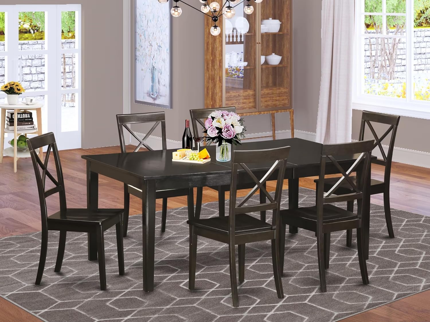 East West Furniture HEBO7-CAP-W 7 Piece Dining Set Consist of a Rectangle Dining Room Table with Pedestal and 6 Wood Seat Chairs, 42x72 Inch, Cappuccino