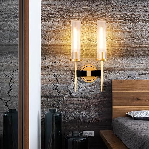 Miniatura 6 de Apliques de pared de latón de 2 luces, apliques de pared de vidrio de 17.7 pulgadas para interiores, apliques de pared dorados para baño, sala de