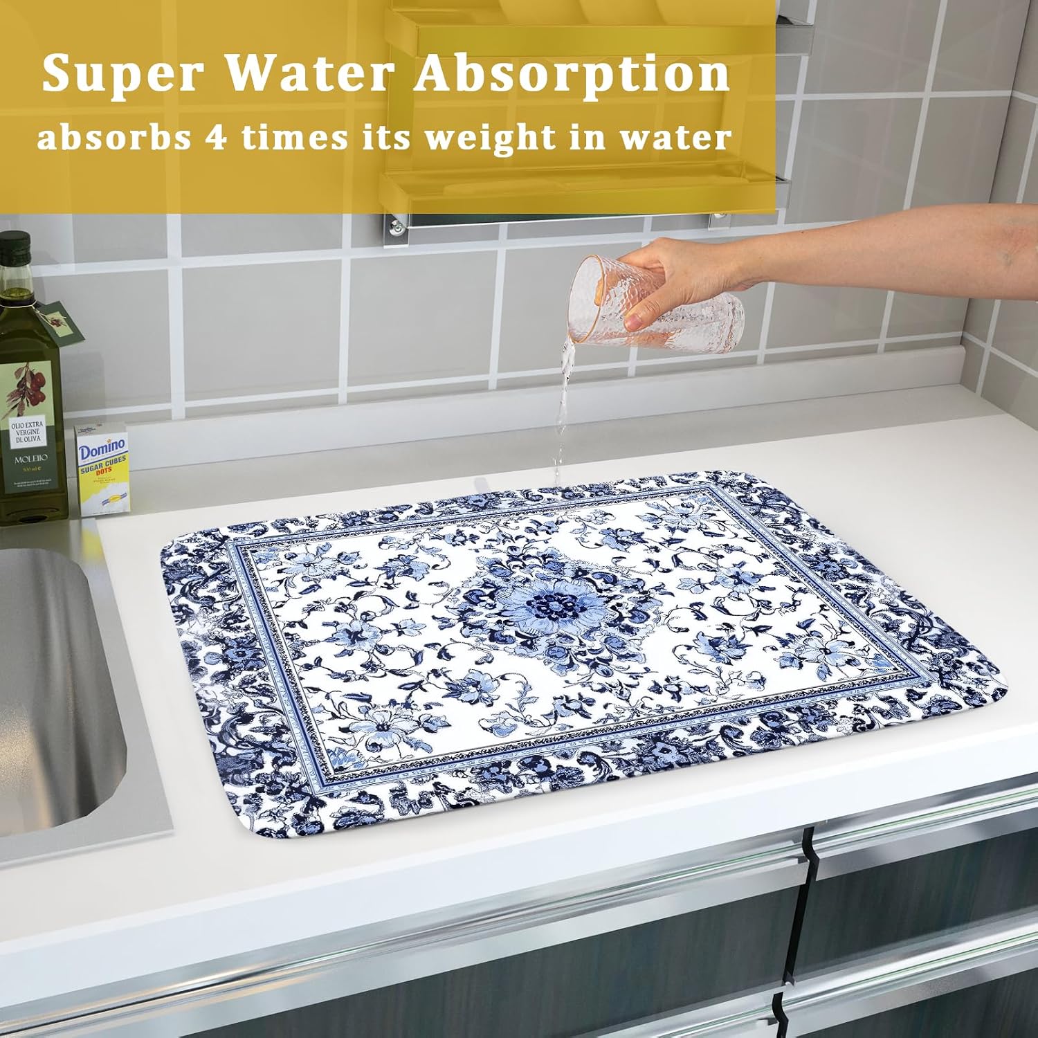 Boho Floral Dish Drying Mat 18x24 Inch Blue Leaves Kitchen Drying Pad Reversible Absorbent Dish Drainer Rack Mats Counter Tableware Decor