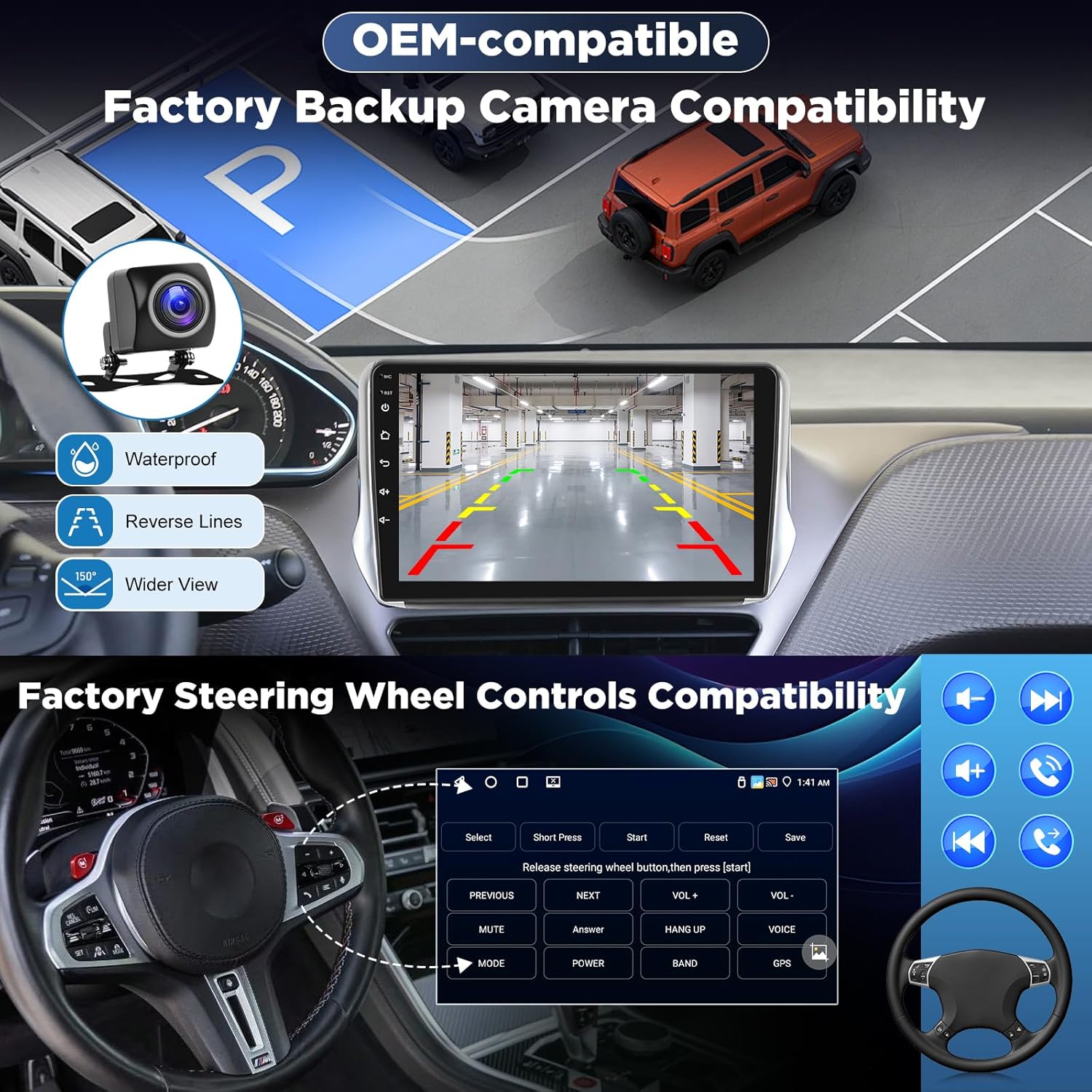 Diagram showing AHD backup camera installation and steering wheel control compatibility
