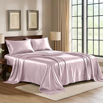 Satin Sheets King [4-Piece, Champagne Pink] Hotel Luxury Silky Bed Sheets - Extra Soft 1800 Microfiber Sheet Set, Wrinkle, Fade, Stain Resistant - Deep Pocket Fitted Sheet, Flat Sheet, Pillow Cases