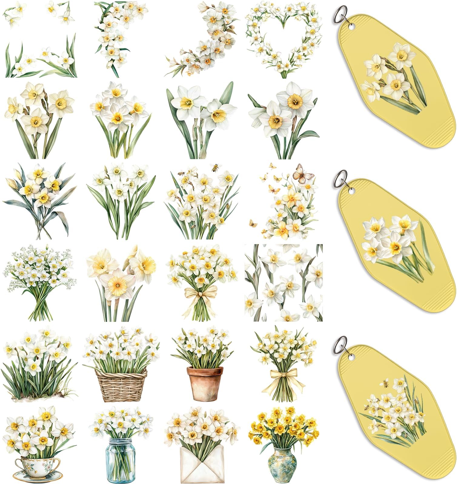 48pcs Jonquil Flower UV DTF Cup Wrap Transfer Paper for Motel Keychains UV DTF Package Printing Paper Keychain Labels for Acrylic Hotel Keychains, Colorful UV DTF Cup Wrap