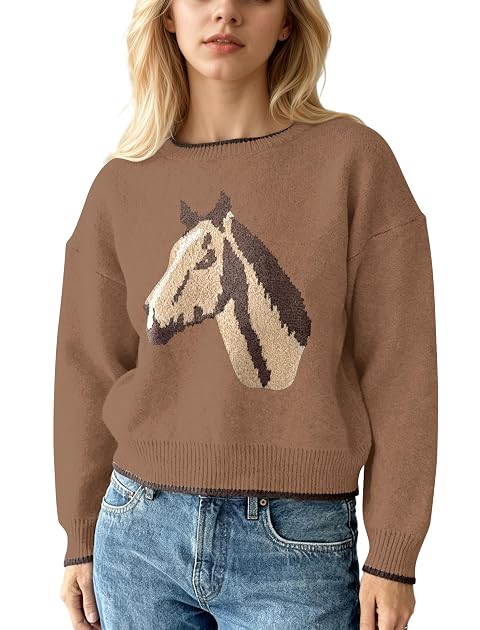 Ythomm Womens Crewneck Horse Graphic Sweaters Long Sleeve Knit Jumpers Casual Contrast Drop Shoulder Fall Pullover Sweater