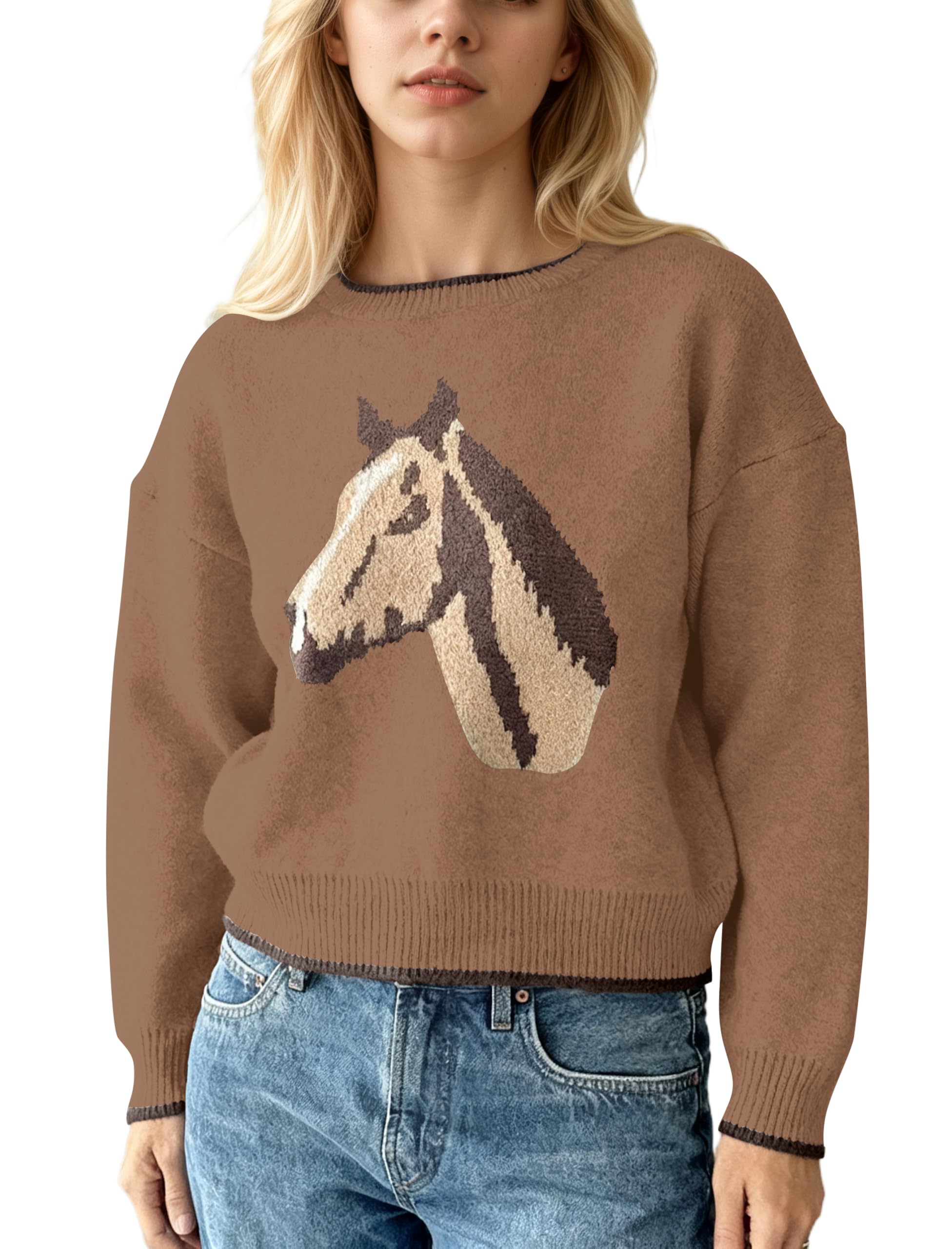Ythomm Womens Crewneck Horse Graphic Sweaters Long Sleeve Knit Jumpers Casual Contrast Drop Shoulder Fall Pullover Sweater