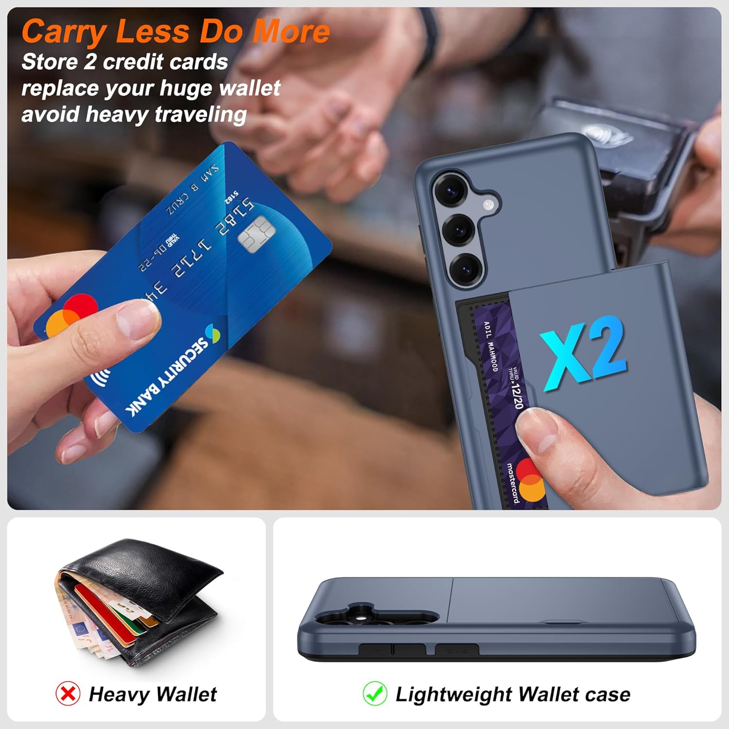 for Samsung Galaxy S25 Case with Card Holder and (2 Pcs) HD Screen Protector, Slim Heavy Duty Dual Layer Shockproof Design & Hidden Card Slot Wallet Case for Galaxy S25-Blue - Image 2