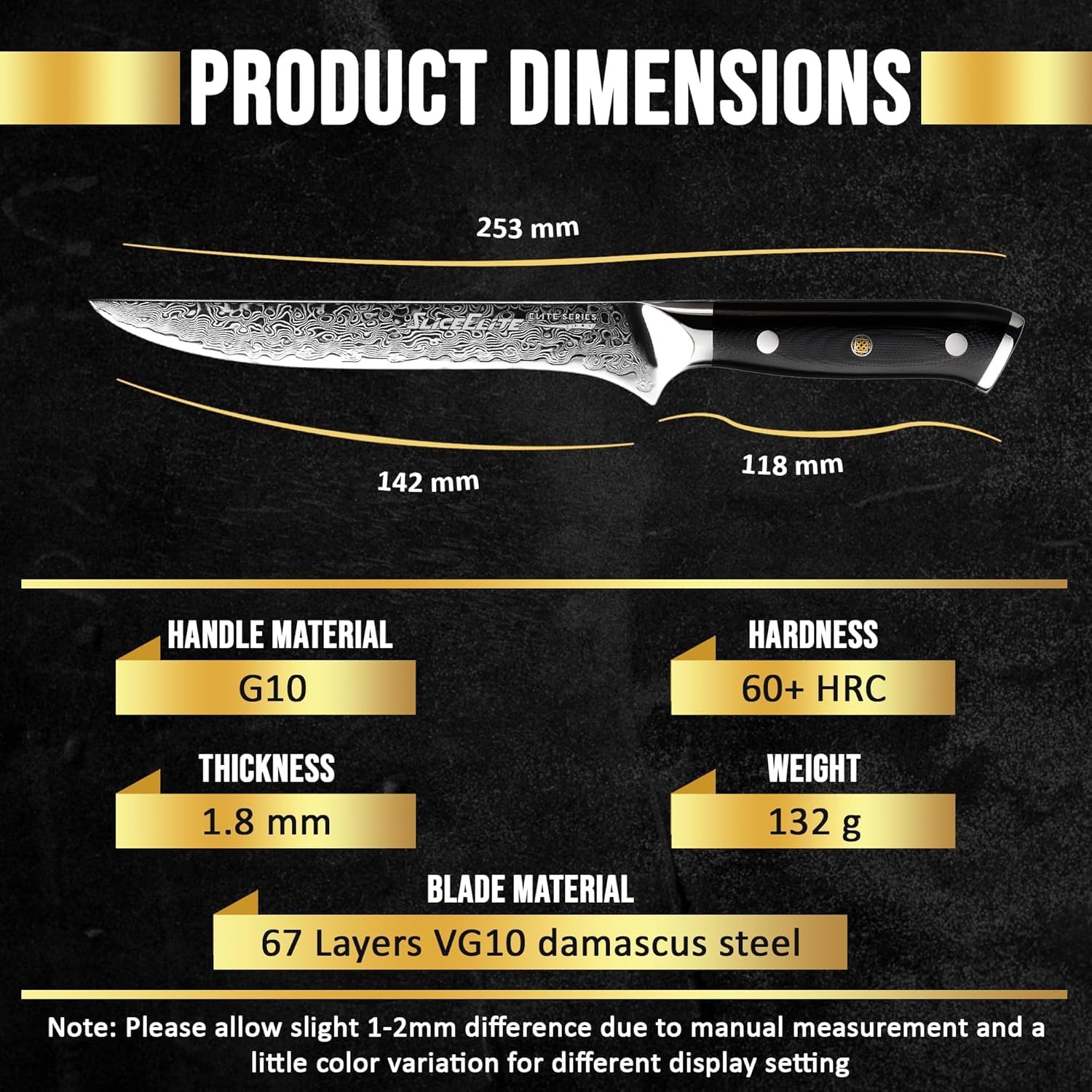 SliceElite Elite Series 5.5 Inch Damascus Fillet Knife VG10 Core Forged G10 Handle with Dual Protection Skinning Tool for Fishing Meat Cutting Boning Kitchen Knife Sharp Flexible Blade