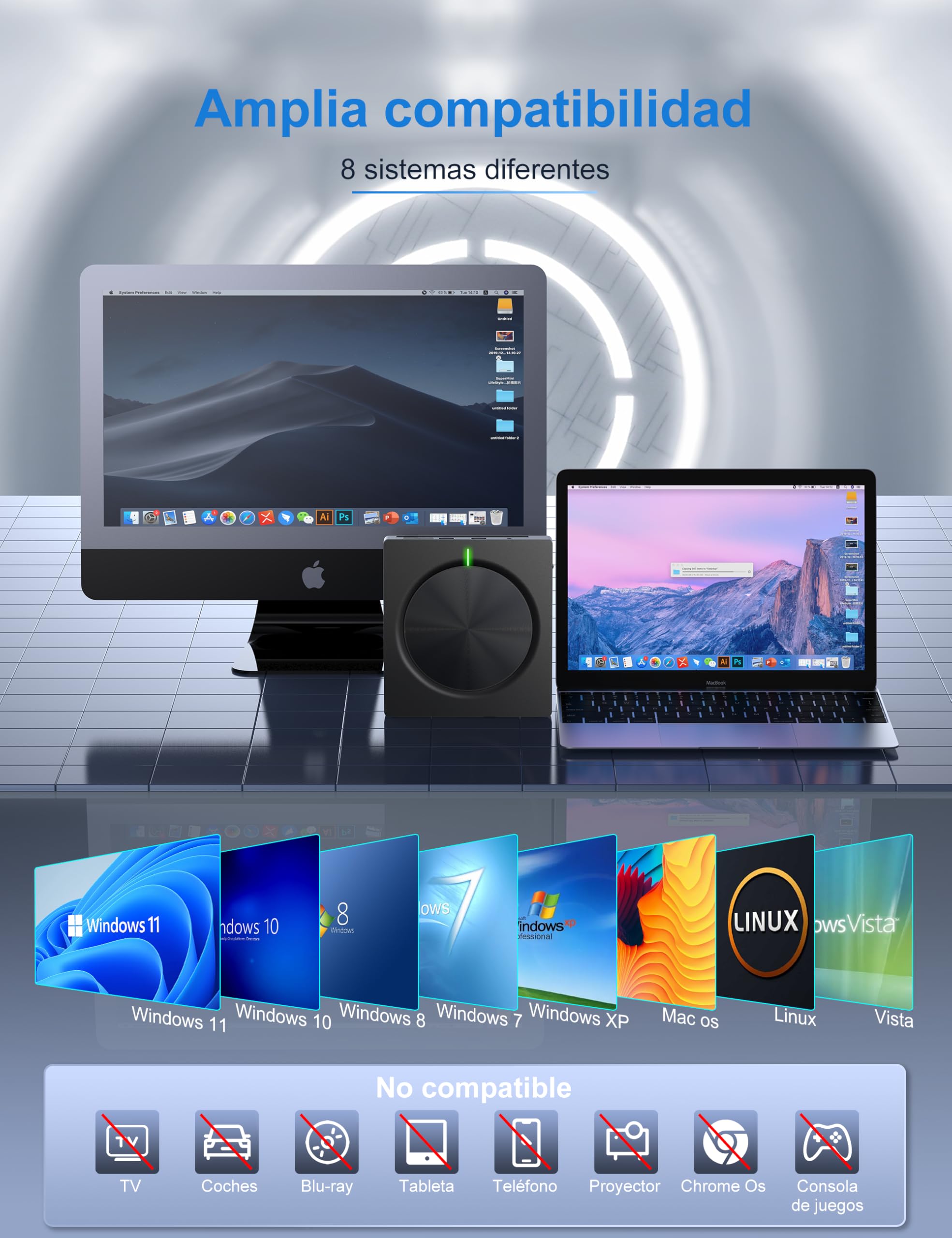 Lector CD/DVD Externo, Grabadora Externa con USB 3.0 y USB-C, Unidades Portátil CD/DVD /-RW/ROM Estable, Lector Tarjetas SD TF y 2 Puertos USB 3.0 para PC/Portátil/Win 11/10/8/7/XP/Vista/MacOS/Linux