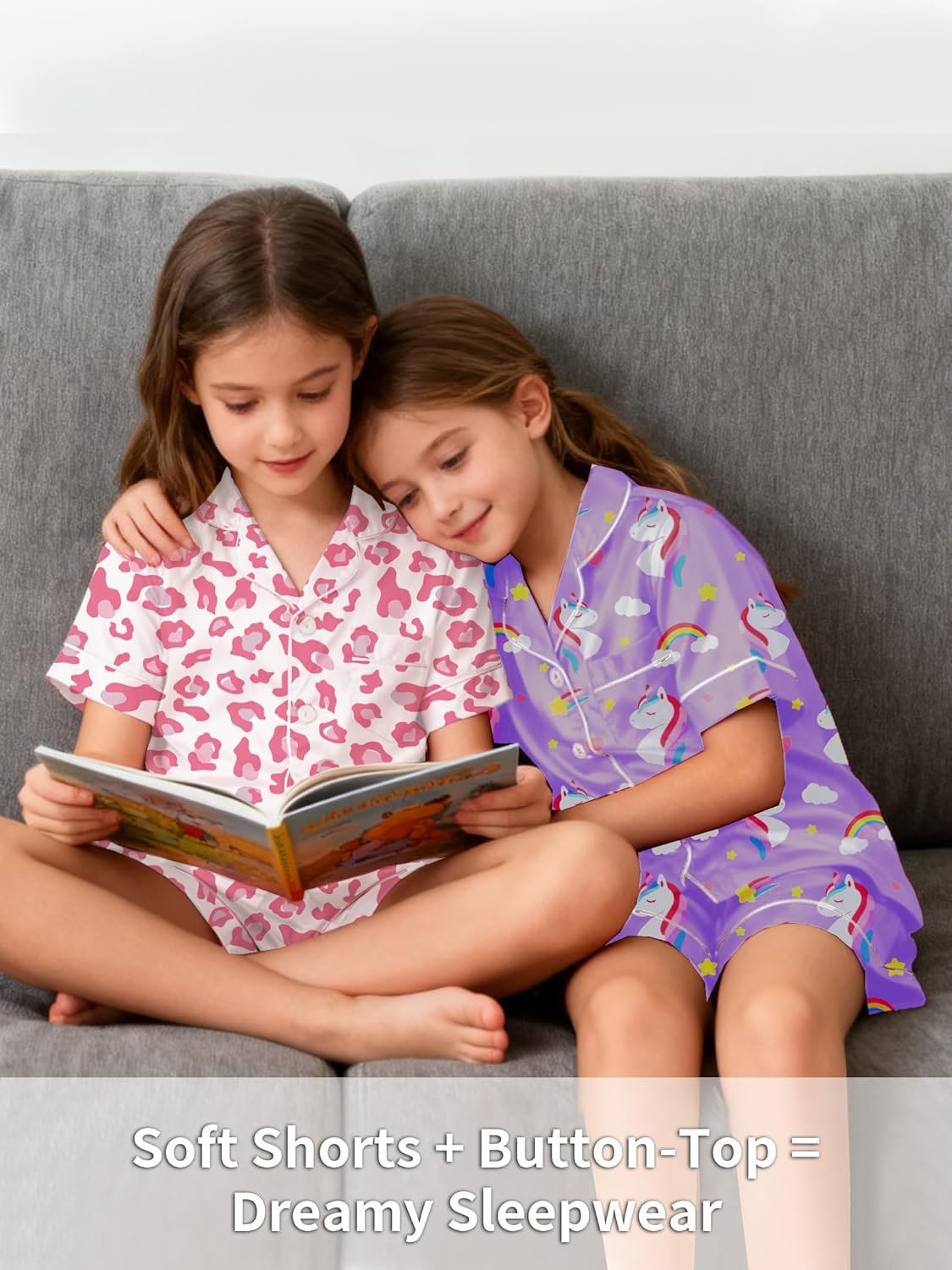 Girls Pajamas Silky Sets 2 Packs, Soft Satin Boys Kids Summer Pjs, Short Sleeve Button Down for Birthday Gift, 5Y-14Y