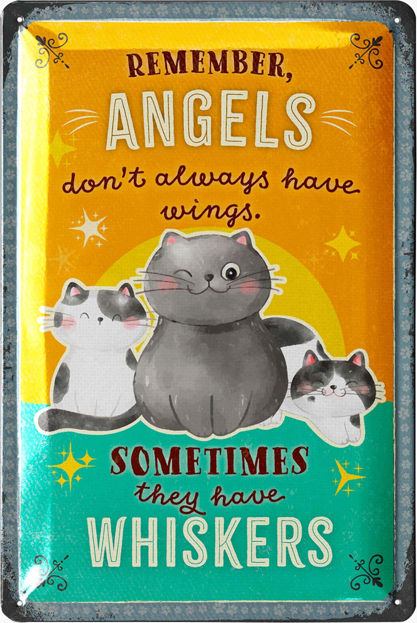 Vintage Tin Sign Cat Angels - Funny Metal Signs, Artwork, Cute Shabby Chic Decor for Cat Lovers, Home Wall Art, 12x8"