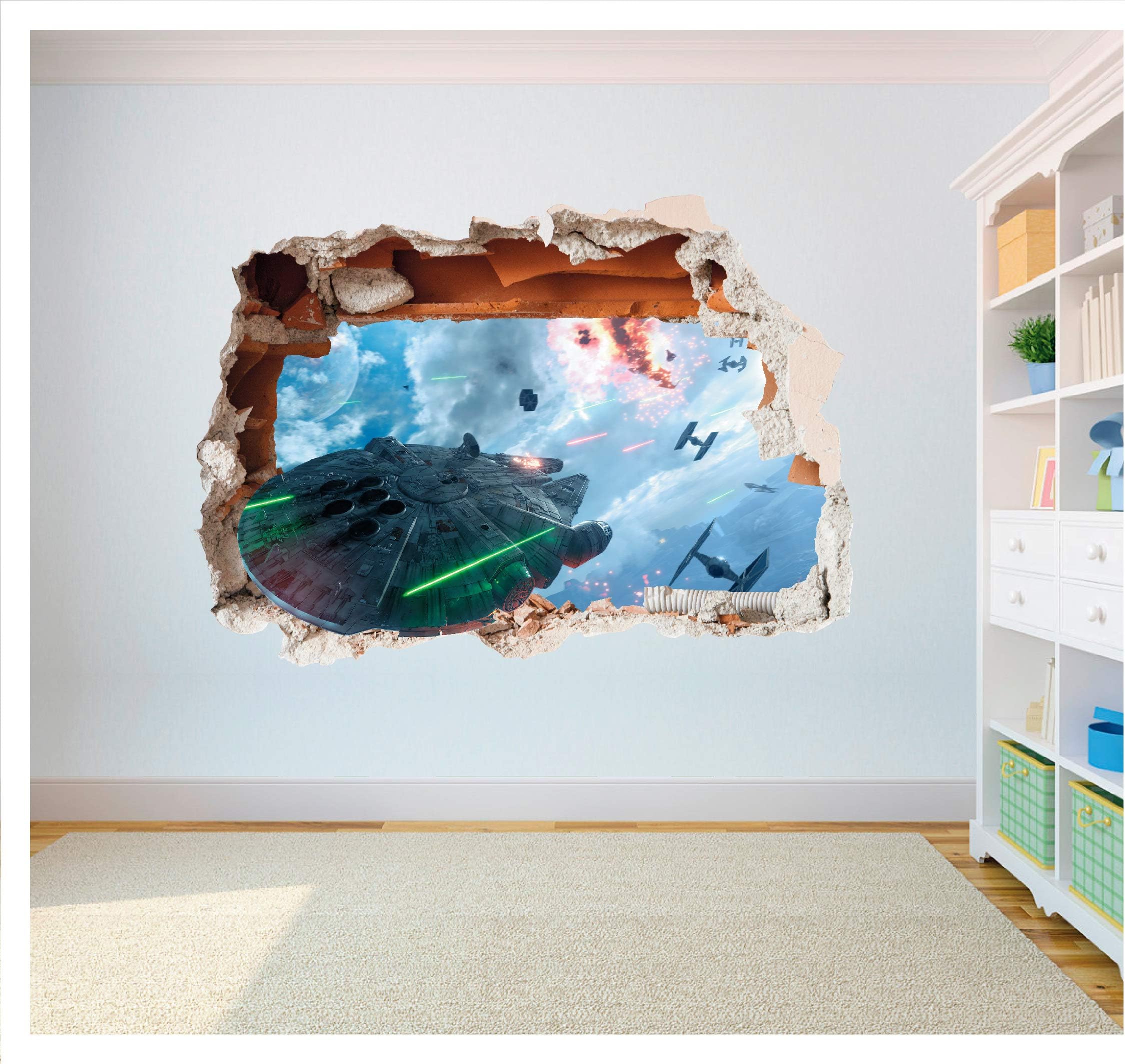 Star Wars Millenium Falcon Hole in Wall - 3D Smash Art Printed Vinyl Sticker Decal (Extra Large 800 x 575mm)