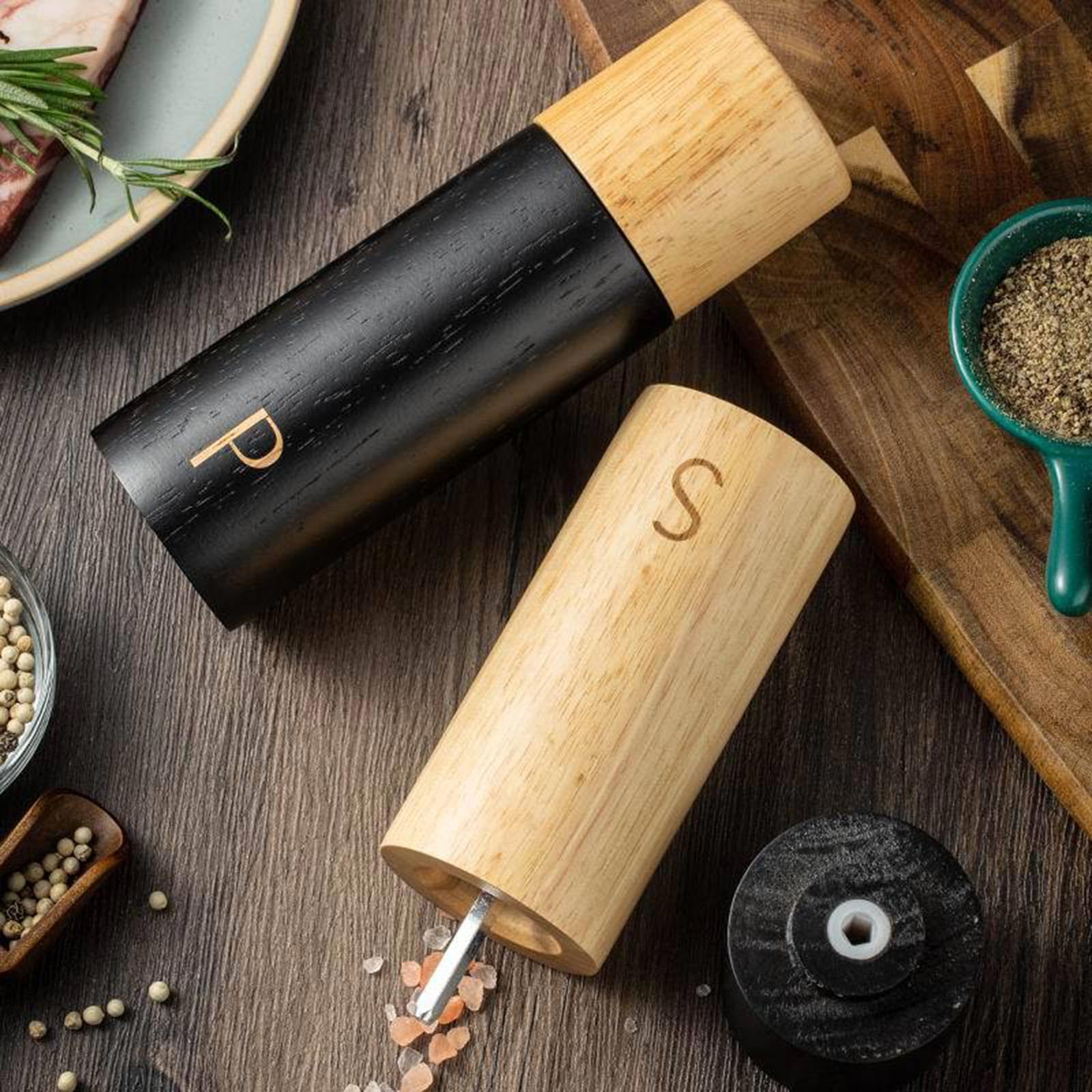 Praktisches Holz Salz und Gewürze Grinder Set Holzmühle mit verstellbarem Keramikmahlwerk für Kochbegeisterte gemahlen
