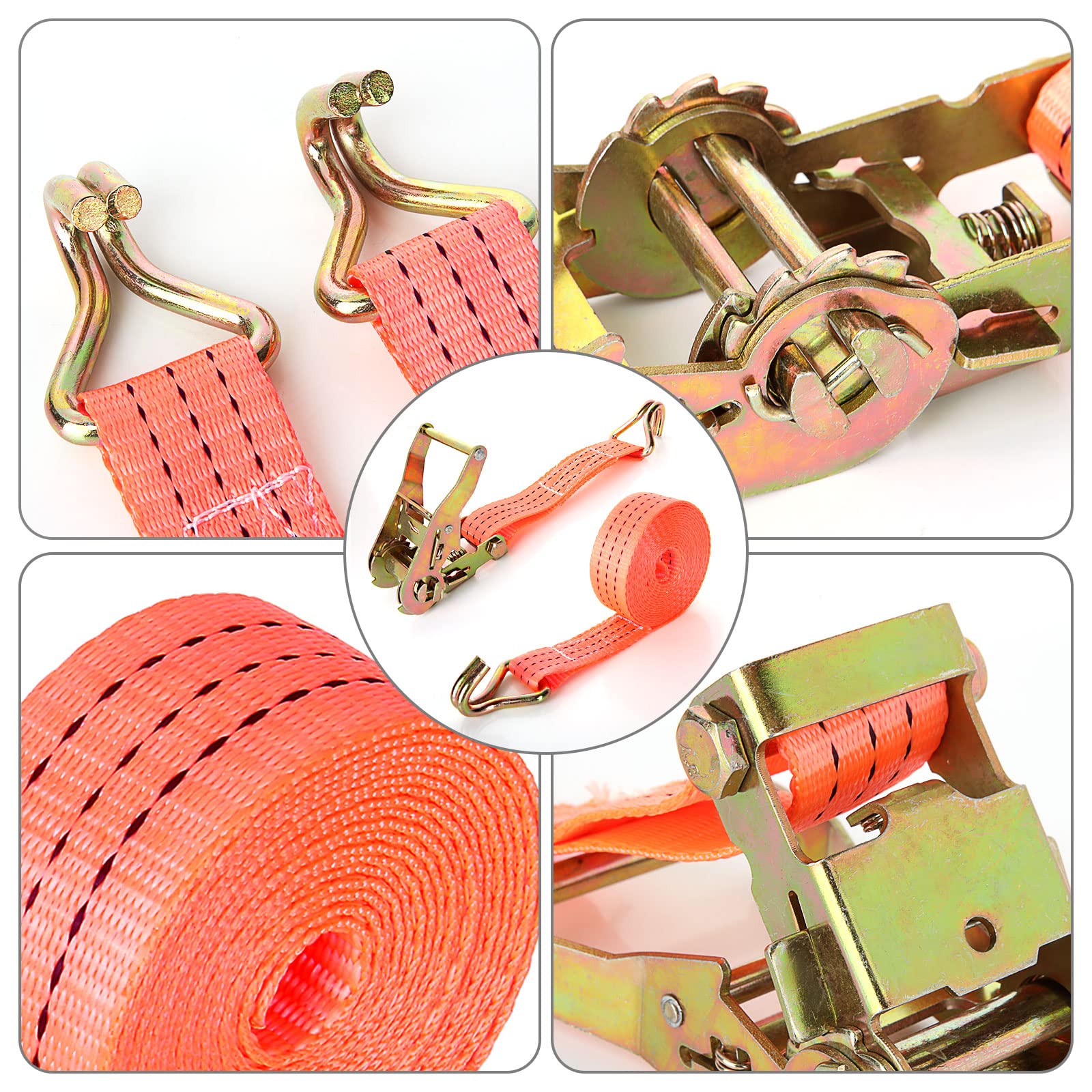 4 Pcs Sangles à Cliquet, Sangle d'arrimage à Cliquet avec Crochet Tendeur pour Moto, Voiture, Remorque, Capacité de 3000 kg, 6M x 38MM - Orangé | Sangle a Cliquet avec Crochet pour Moto, Voiture, Remorque, Capacité de 1000 kg - Orangé