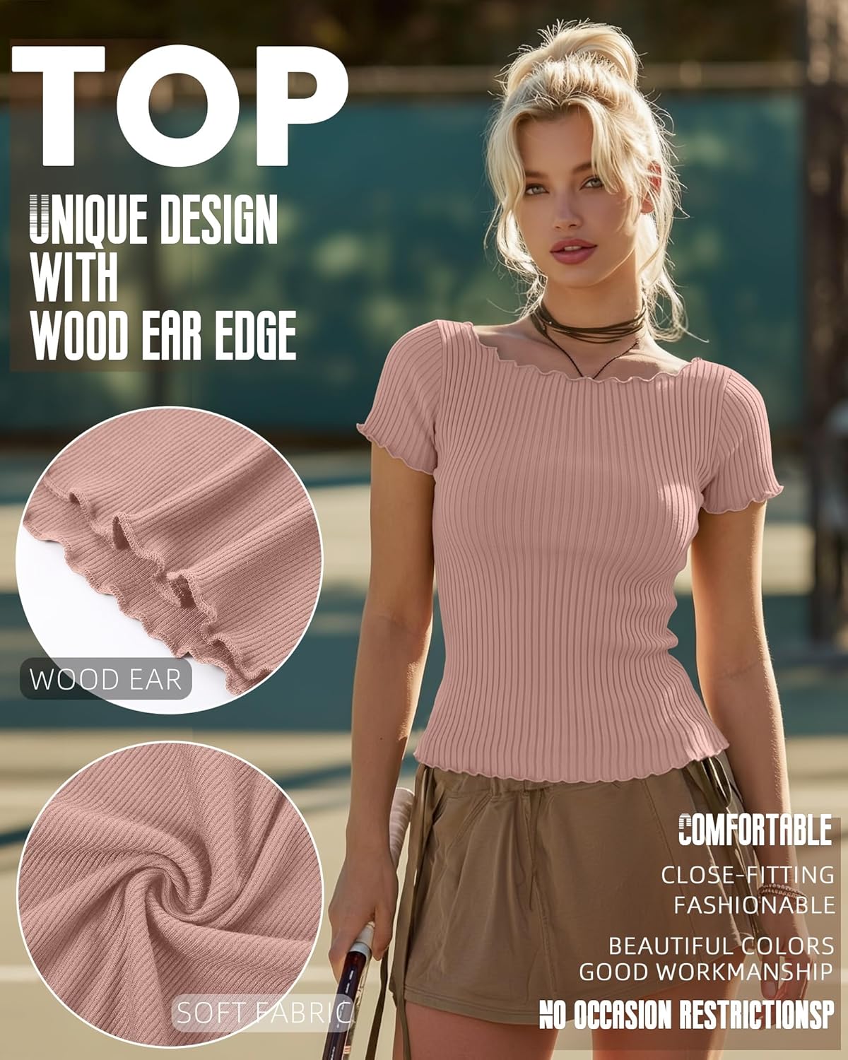 Riyiper 3 Pack Women's Boat Neck Ribbed Tops Lettuce Trim Short Sleeve T-Shirts Crop Fitted Summer Basic Tees Shirt - Image 5