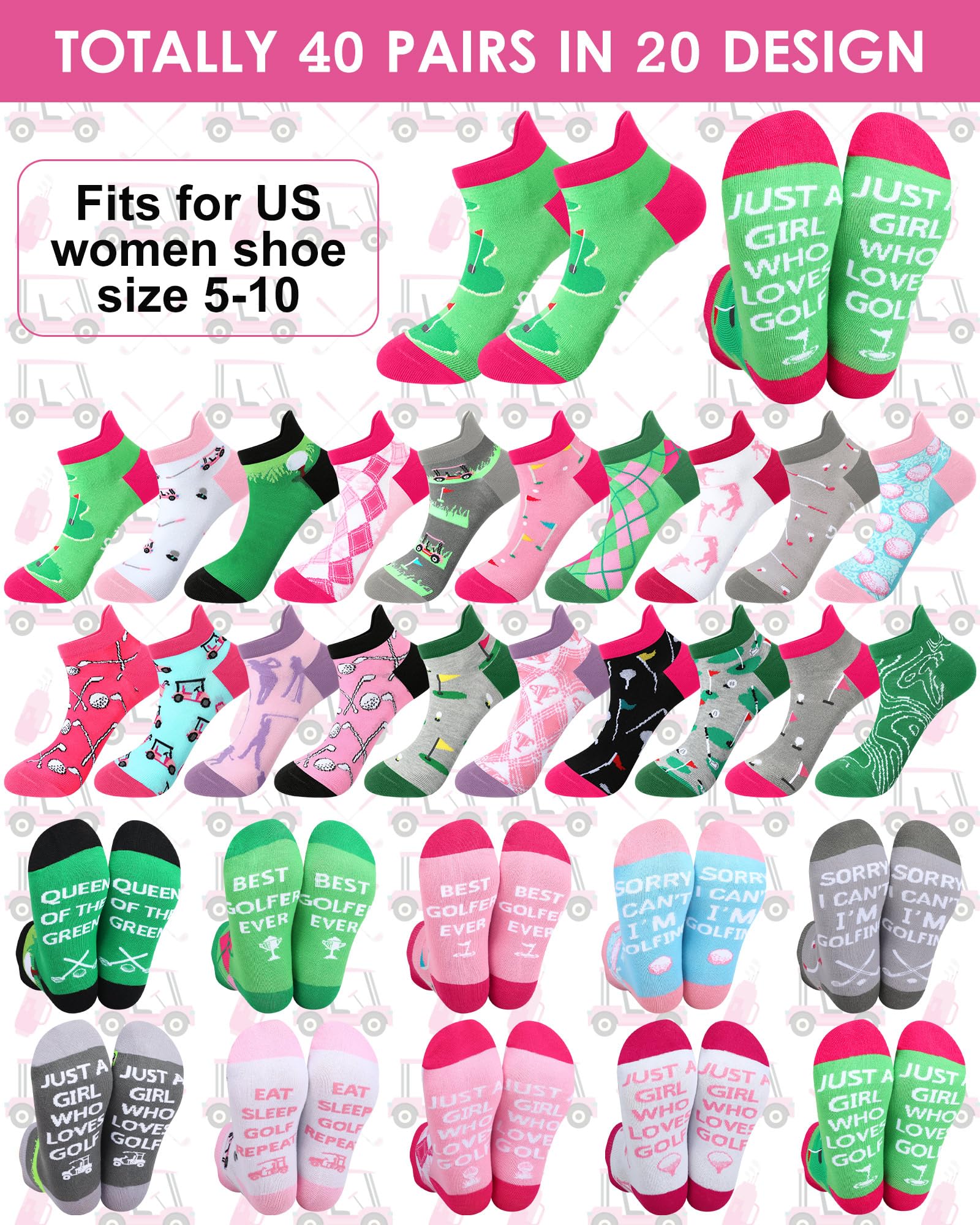 Lot de 40 paires de chaussettes de golf fantaisie pour femme - Cadeau de Noël - Coupe basse - Pour golfeuses, cadeaux d'anniversaire et de vacances, Couleurs vives., taille unique