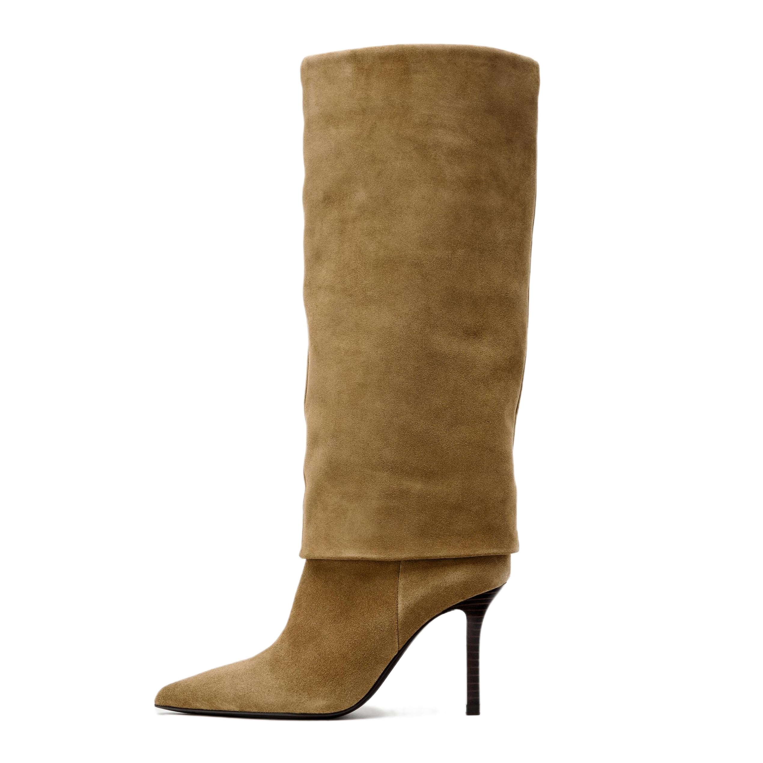 Knee High Boots Women - Suede Slouchy Fold Over Tall Boots with Pointed Toe Kitten Heel Slouch Ruched