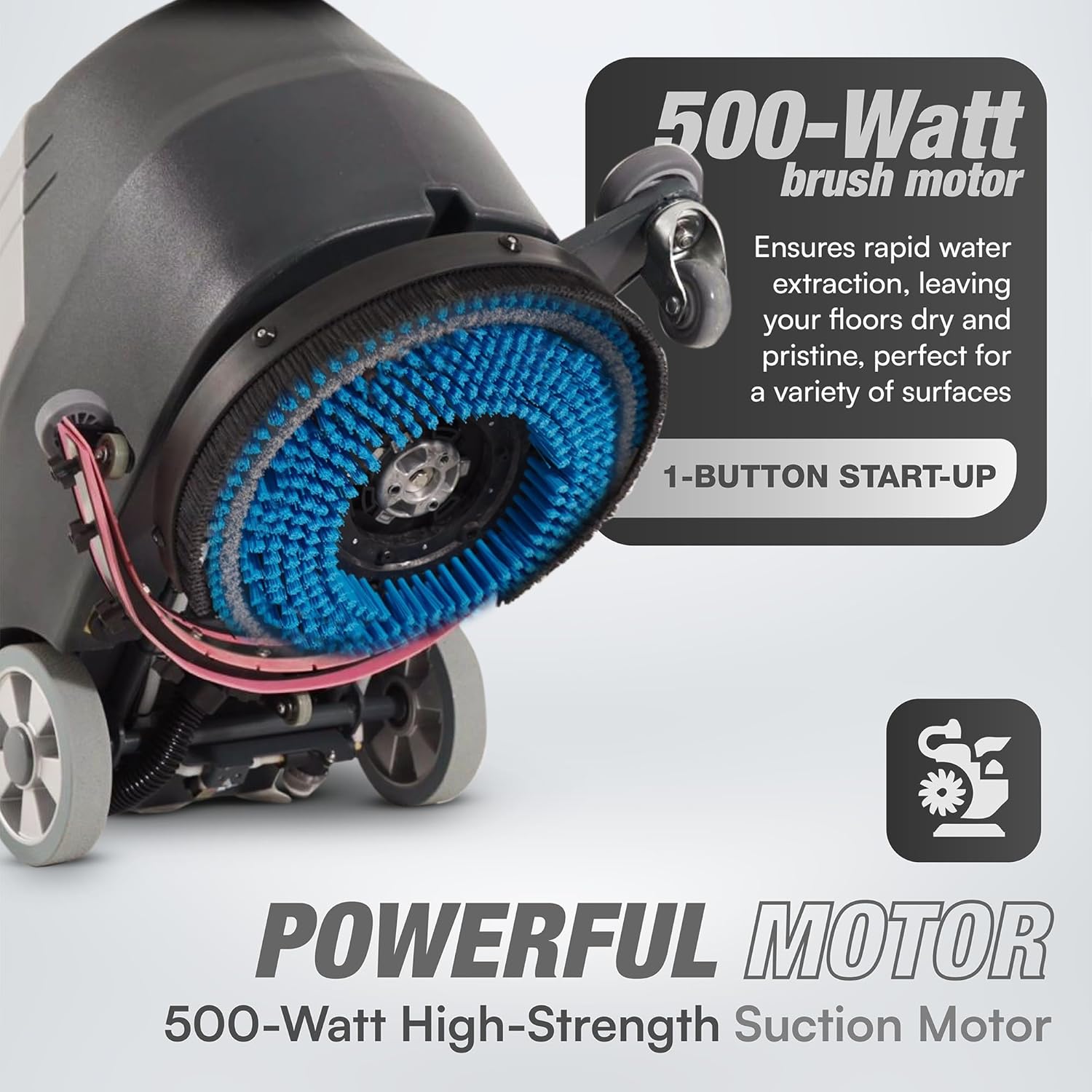 Close-up of the Dapper Supply floor scrubber's brush head and control panel