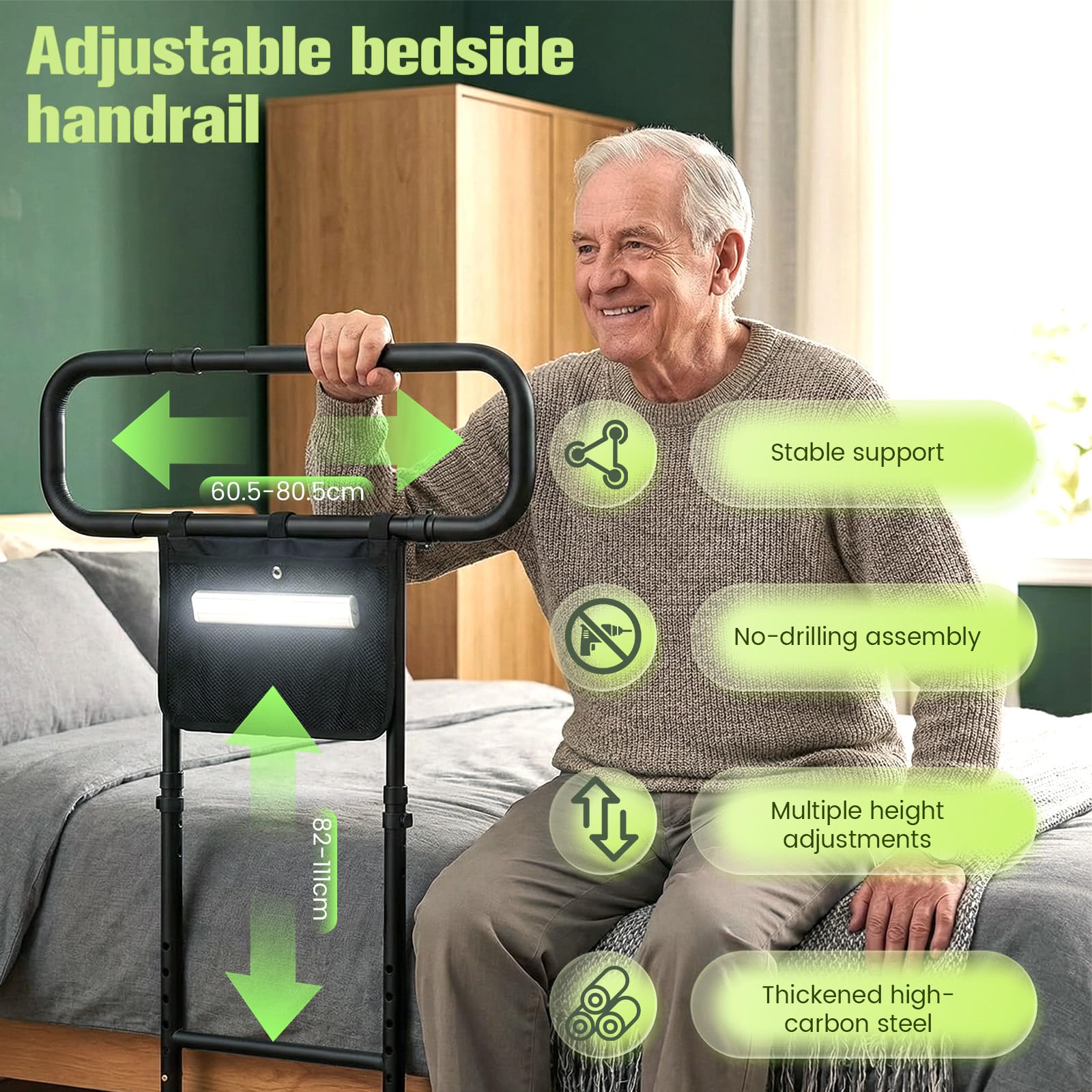 Sponda Letto Anziani Anticaduta, Sbarra di Sicurezza Regolabile 21 Altezze, Ausili per Alzarsi dal Letto con Luci a Sensore, Bras Rétractable, Capacità 136 kg, per Disabili e Anziani