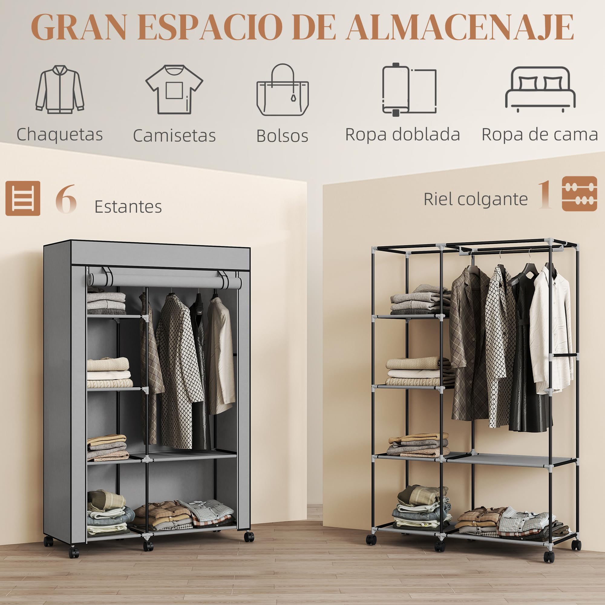 HOMCOM Armario de Tela con Ruedas, Armario Portátil, con Barra para Colgar, 6 Estantes, Marco de Acero, para Dormitorio, Vestidor, 103x43x162,5 cm, Gris Claro