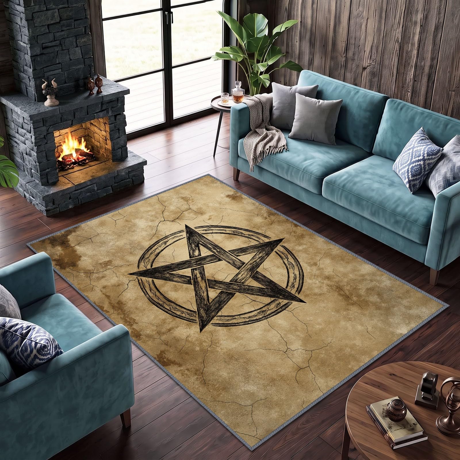 Gothique Minimaliste Tapis Antidérapant 180 x 240 cm Doux Tapis, pour Salon Chambre à Coucher Salle à Manger Étoile Cinq Branches Double Anneau Cercle Lavable Poils Ras Lavable Poils Courts Moquette