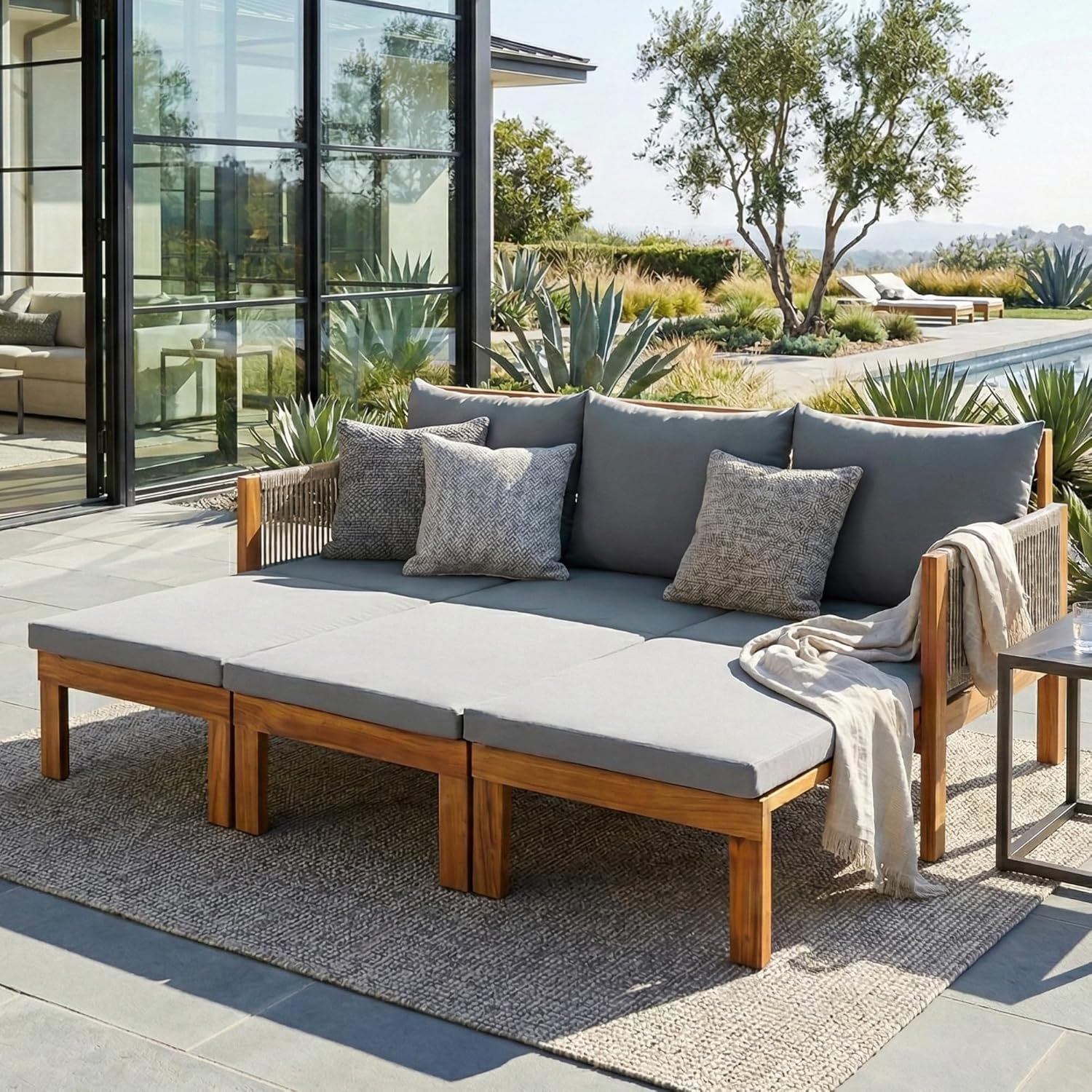 Outdoor Patio 3 Seat Sofa, Acacia Wood Patio Sofa Sunbed Convertible to Chaise Lounge Sleeper Sofa with Cushions for Porch Backyard Courtyard Poolside (Grey-3.4)