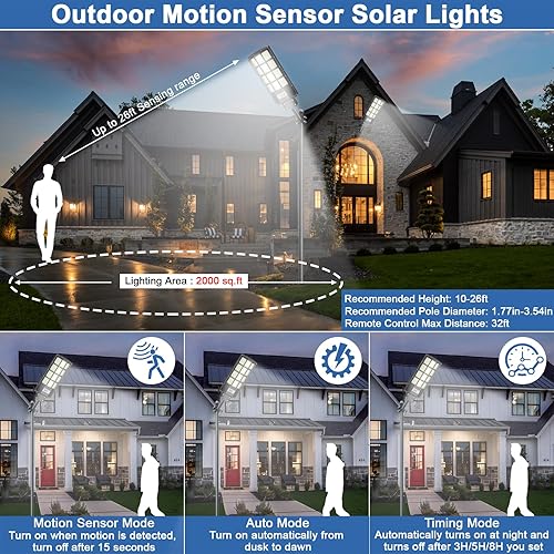 Miniatura 4 de Luz de calle solar, reflectores solares para exteriores, impermeable, sensor de movimiento, 6500K, luz del atardecer al amanecer