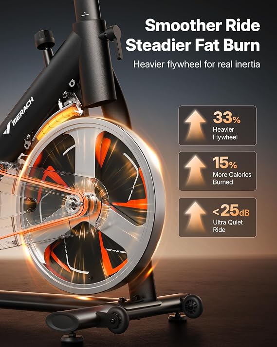 Merach Magnetic Exercise Bike, Low Noise Stationary Bike for Home with Comfortable Seat Cushion, Spinning Bike with 330 lb Weight Capacity, Exclusive App, Tablet Mount and Fitness Courses