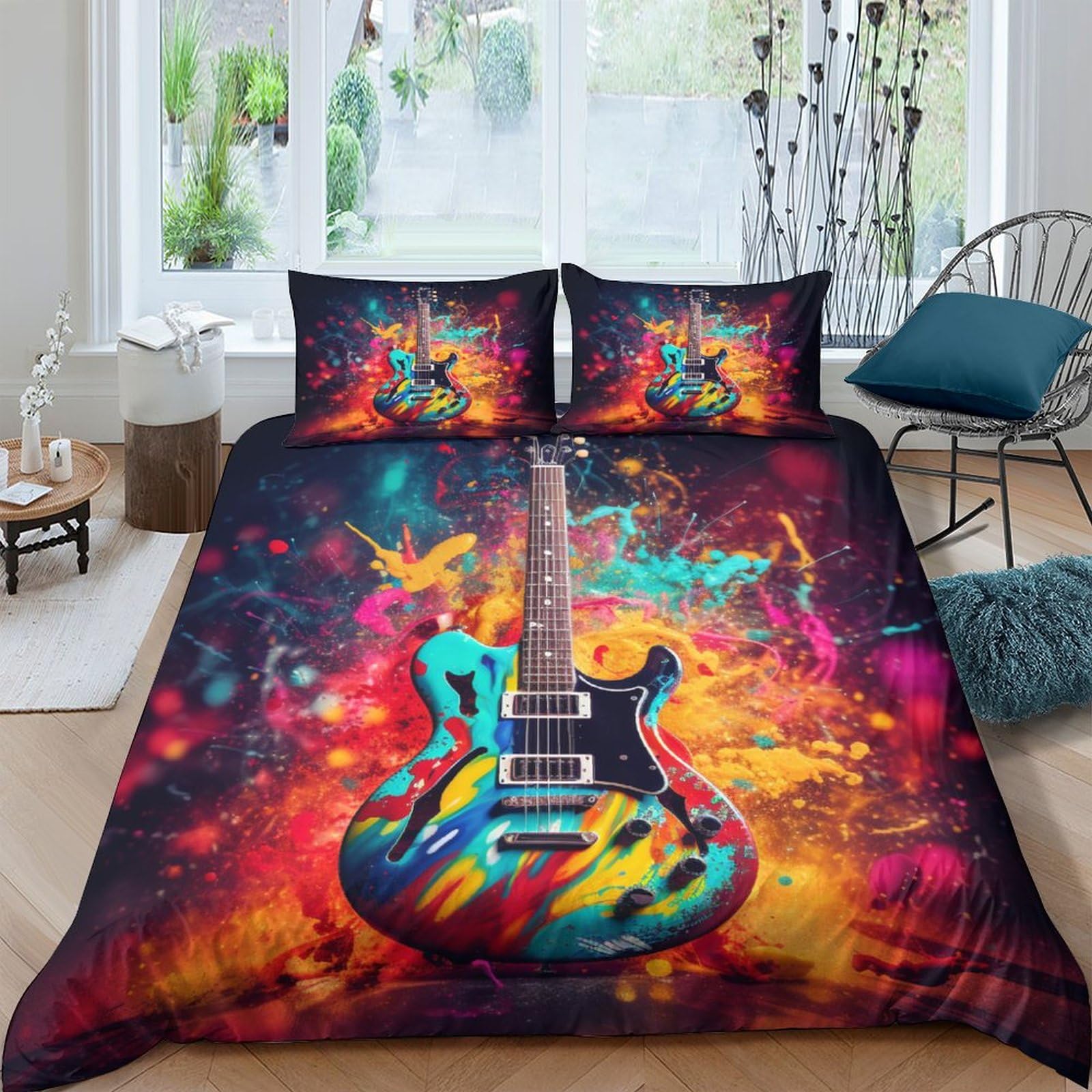 Housse de couette guitare 200x200 cm avec taies d'oreiller zippées pour lit double