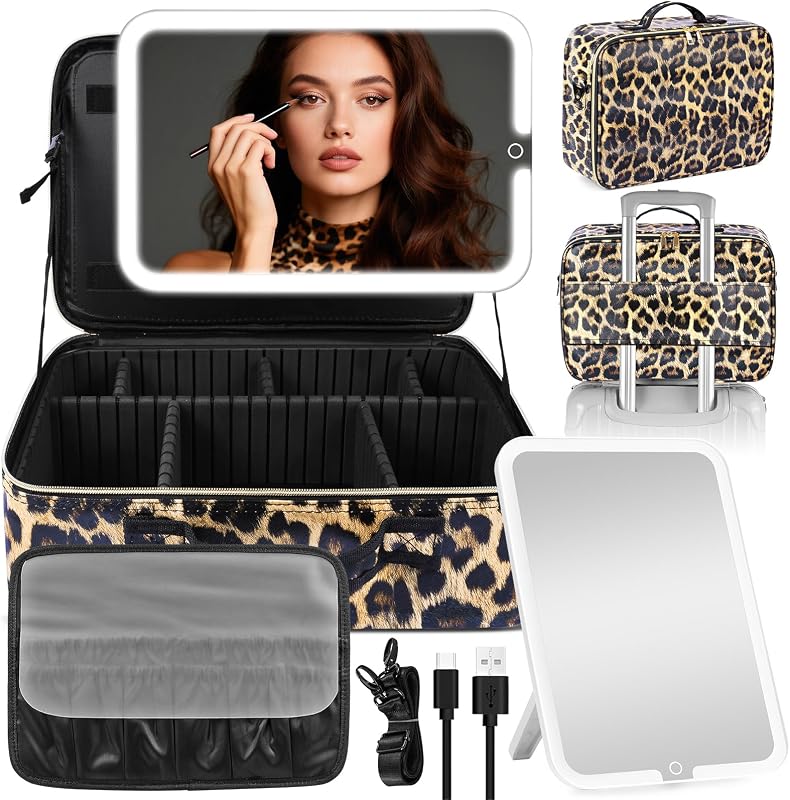 Maleta de maquiagem JJhxr com espelho iluminado removível e divisórias ajustáveis, estampa Leopard