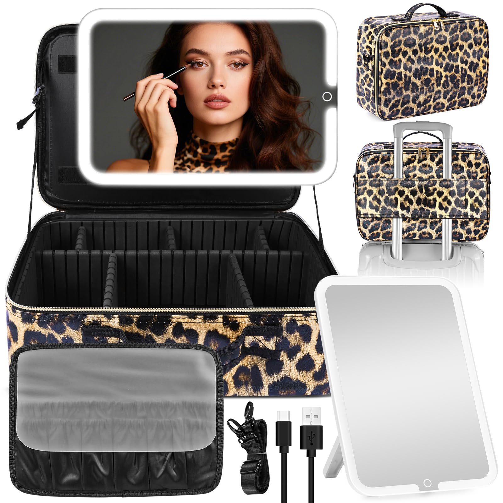 38x28CM Kosmetiktasche mit abnehmbarem LED-Spiegel, Reise-Make-up-Koffer mit 3 dimmbaren Farbenlichtern, Kosmetik-Organizer-Koffer mit großem Fassungsvermögen, abnehmbaren Trennwänden und Schultergurt