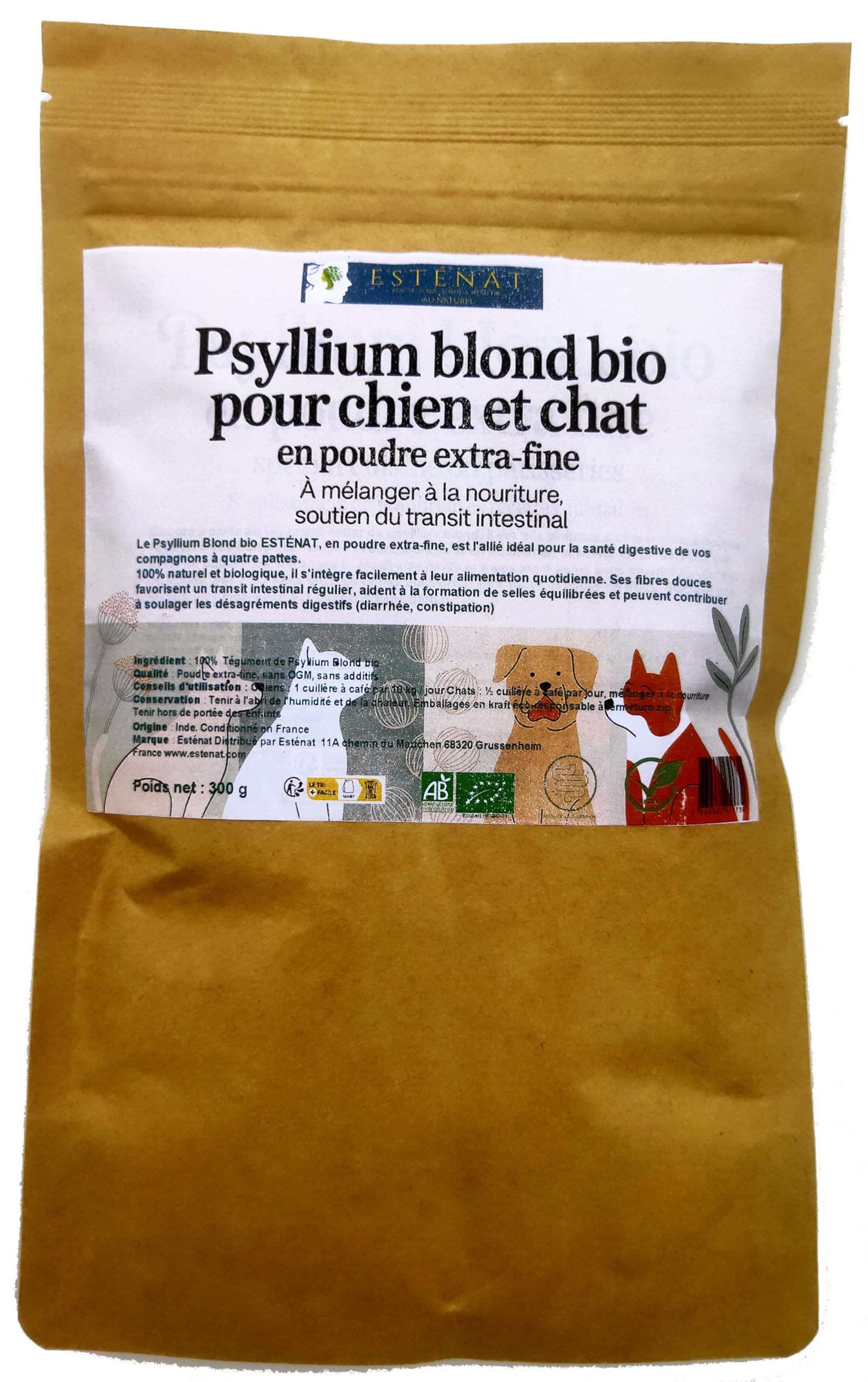 Psillio Biondo Bio in Polvere Extra Fine per Cani e Gatti, 300g – 100% Naturale – Supporto alla Digestione e al Transito Intestinale – Facile da miscolare al cibo – Esténat