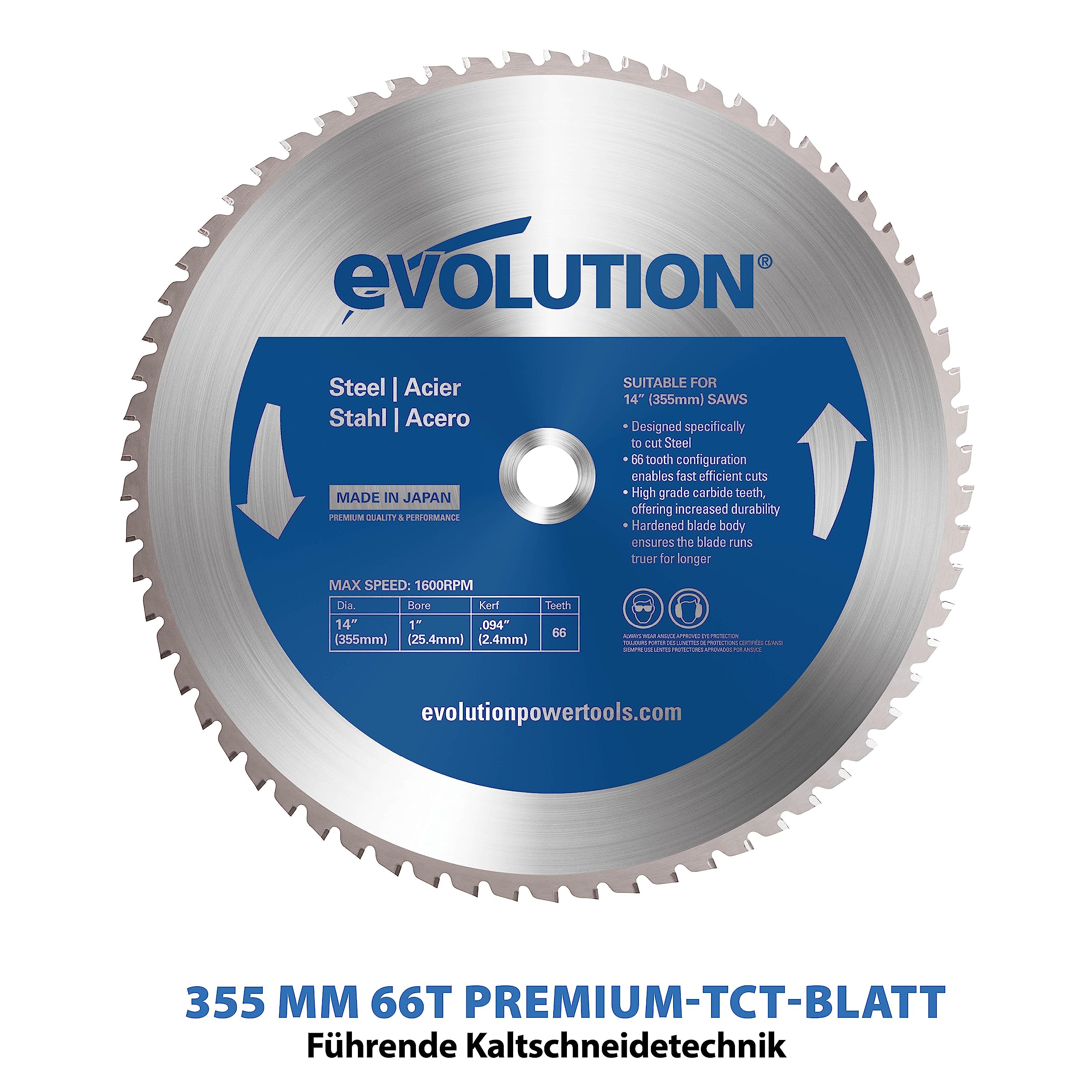 Evolution Gehrungssäge / Kappsäge S355MCS | 2,200 W Zug-Kapp-Gehrungssäge | Inkl. Ø 355 mm HM-Sägeblatt zum Schneiden von Baustahl | +/- 46˚ Gehrung, 3 Spannvorrichtungen, Metallsäge Elektrisch Säge