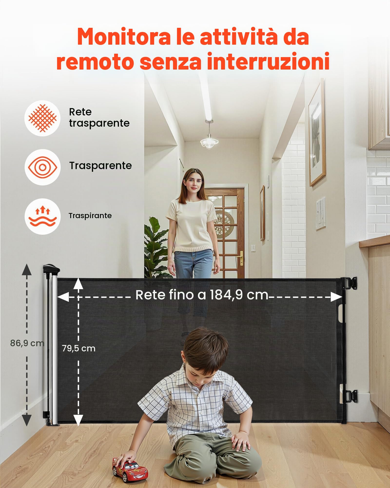 VEVOR Cancelletto Retrattile, Estensibile Fino a 1850 mm di Larghezza, 795 mm di Altezza, con Blocco di Sicurezza, Attraversabile Senza Inciampare, Cancelletto in Rete per Cani Scale, Nero