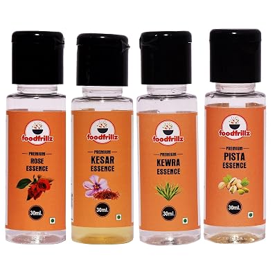 foodfrillz Pista, Rose, Kewra & Kesar Pack of 4 Food Flavour Essence, 30 ml x 4