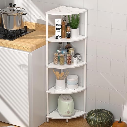 5 Tier Corner Shelf Stand, 44.1" Kitchen Shelf Organizer with Metal Frame, Small Corner Shelf for Kitchen Organization & Storage, Marble White Corner Shelf for Kitchen Decor Accessories