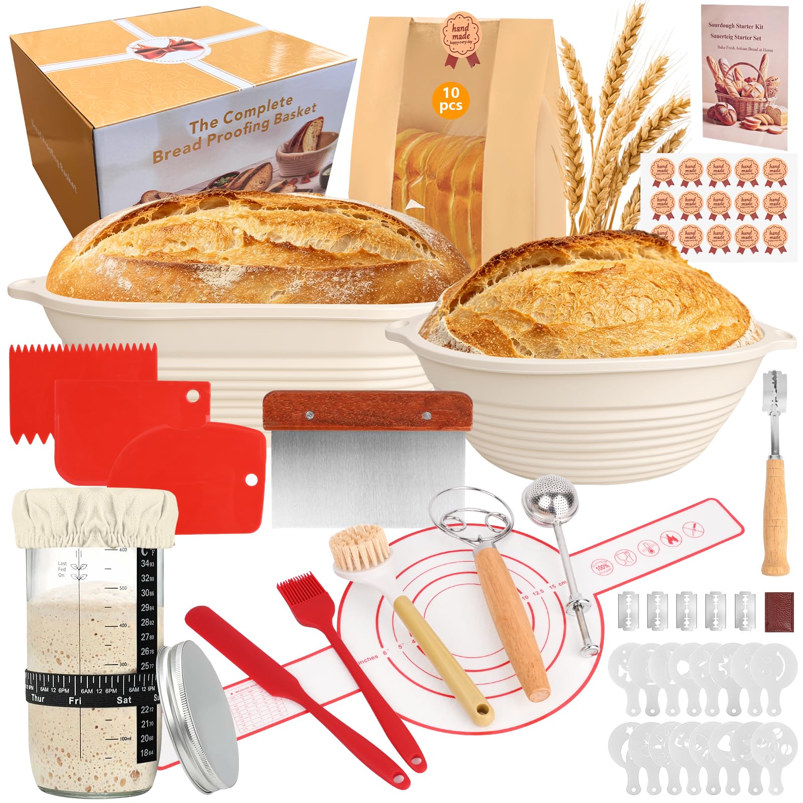 Kit Levain 24 Pièces, Bannetons Rond & Ovale avec Lame à Pain, Grattoir, Tapis Silicone, Bocal à Levain et Accessoires – Kit Boulangerie Débutants & Pros