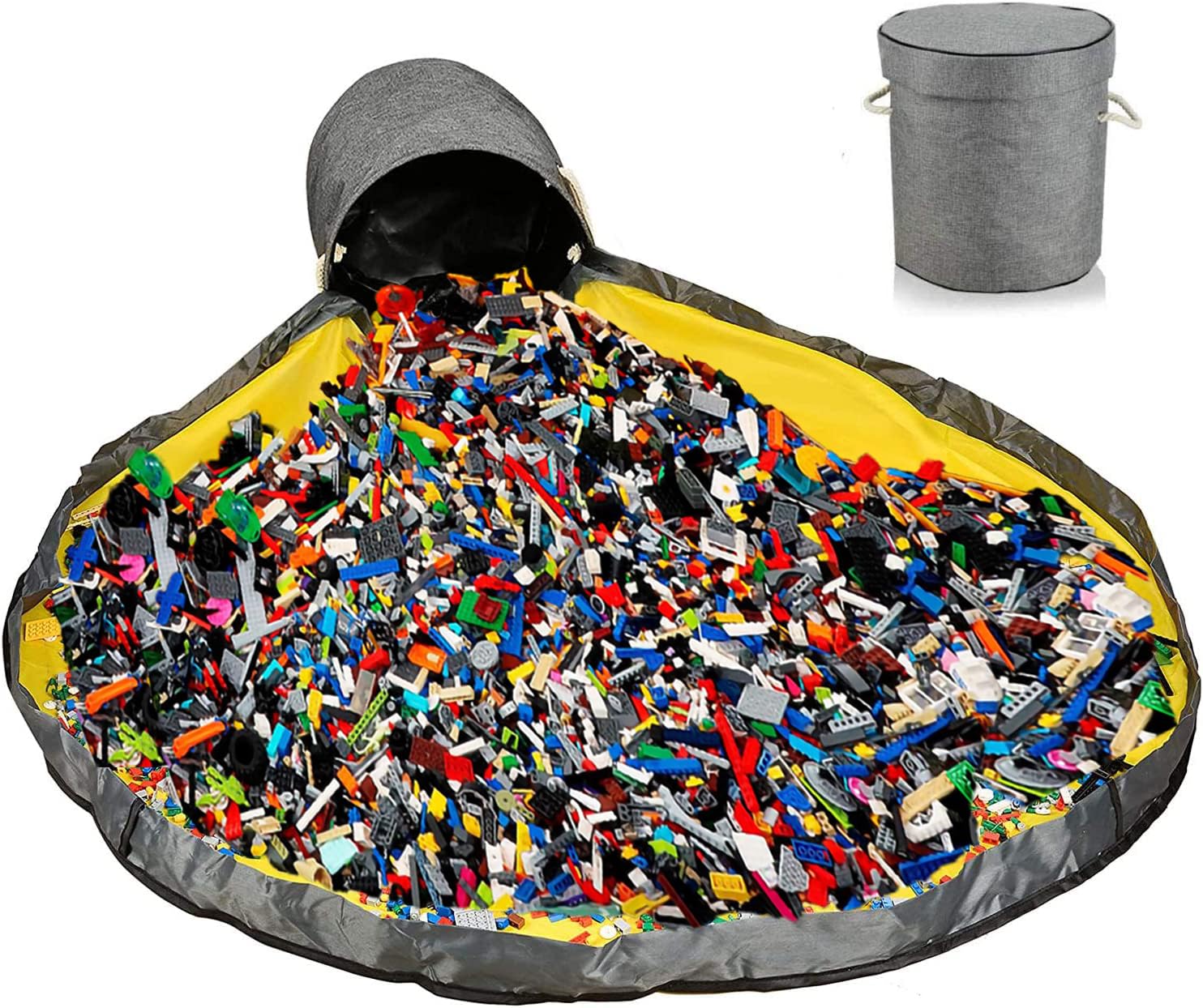 Toy Storage Organizer Unit Play Mat for lego Toy with large Storage Basket, Drawstring Portable Container Storage Bins Activity Organizer (Grey)