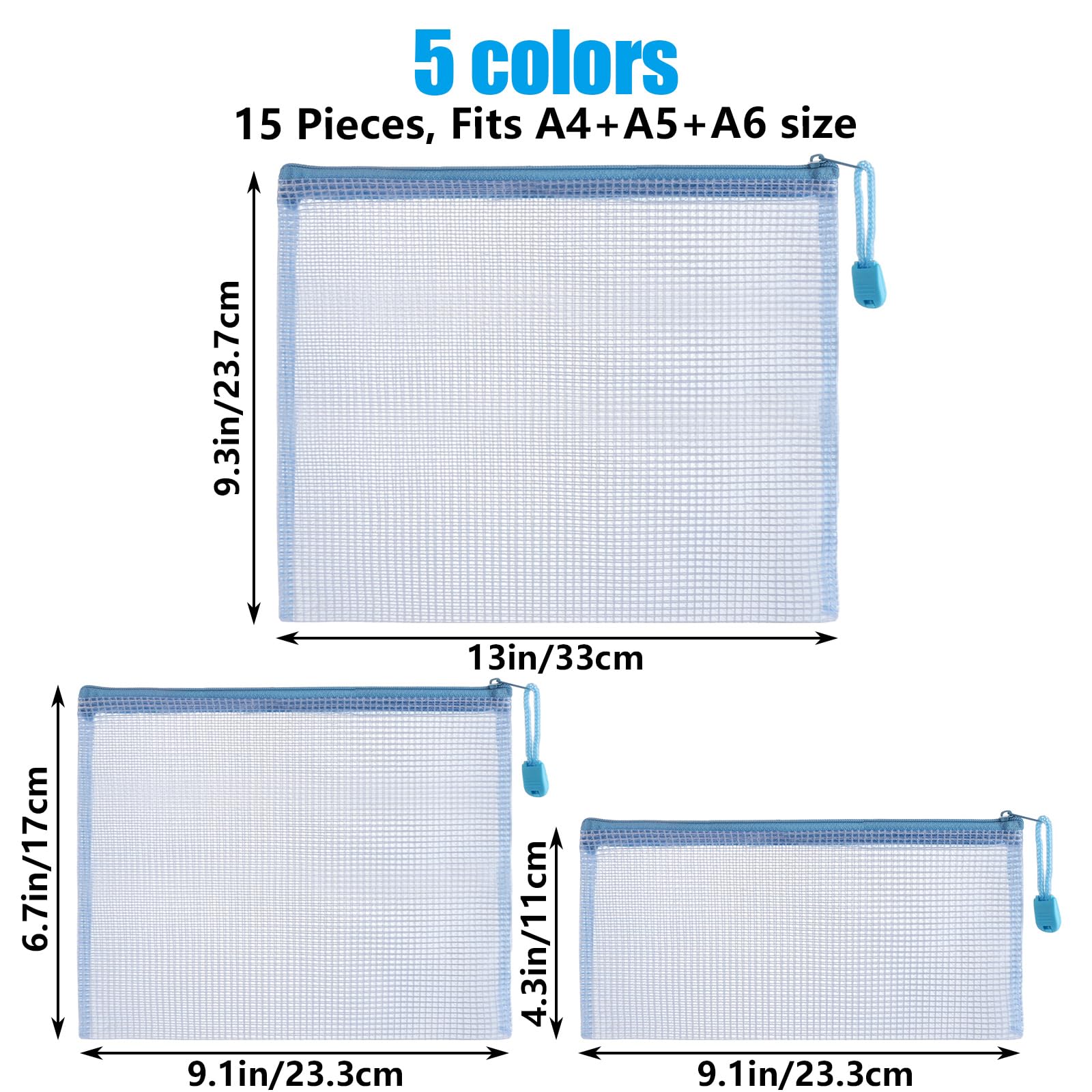 ASelected 15 Pieces Document Bag A4+A5+A6 Mesh Document Bags Zip Bag for File Paper Travel Make-Up Bag (5 Colours) - Image 2