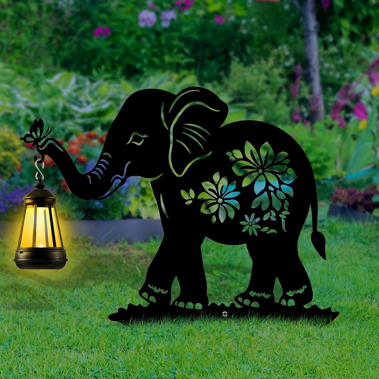 Elephant Solar Garden Stakes, Elephant Silhouette Decorative with Solar Lantern, Metal Garden Decor for Yard,Lawn,Pathway