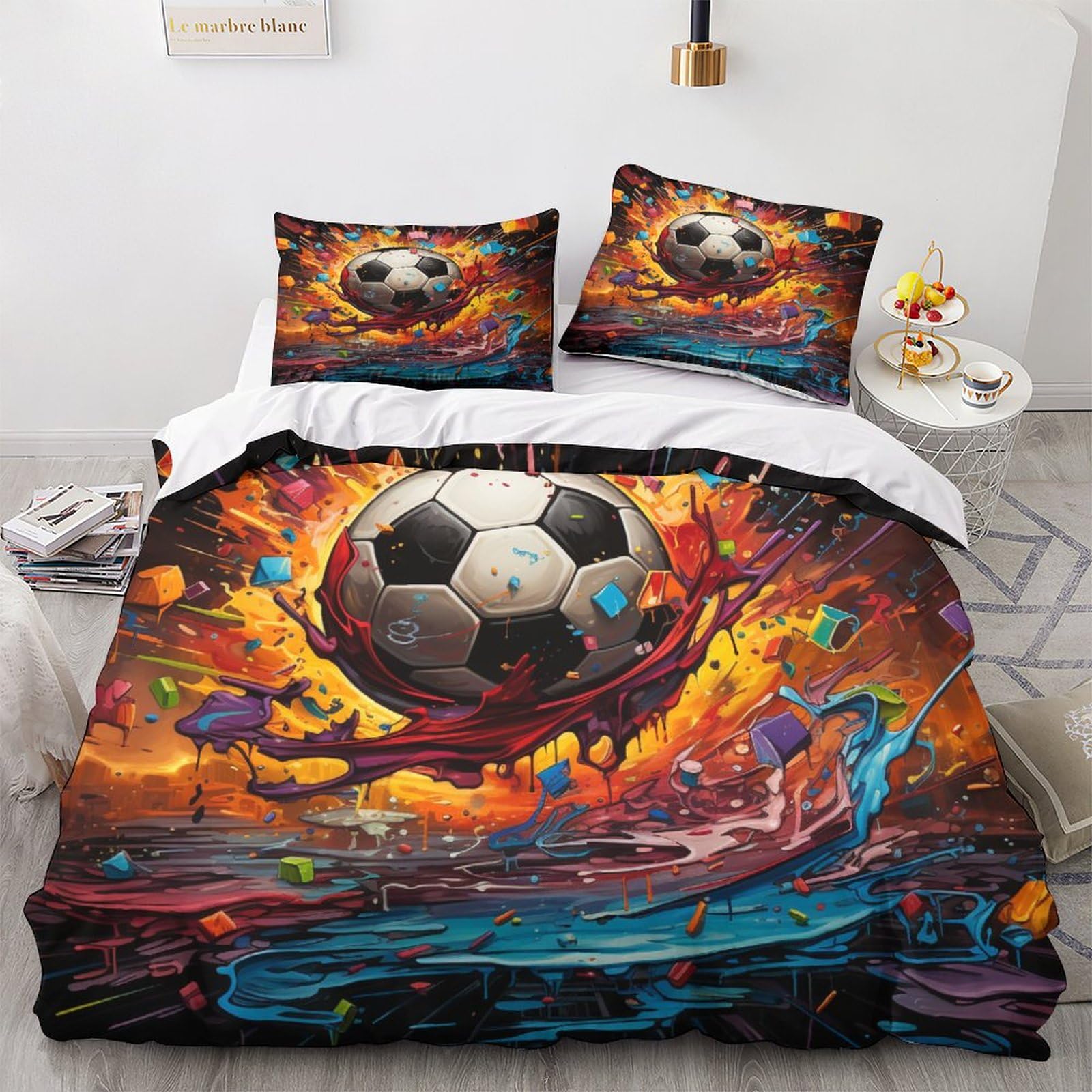 Housse de couette football 200x200 cm avec taies d'oreiller pour lit double