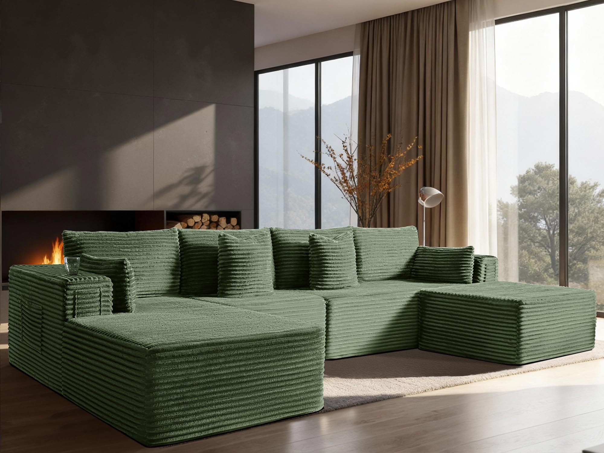 138" Cloud Sectional Couch, Comfort U Shaped Boneless Couch for Living Room, Extra Deep Seats No Assembly, Minimalist Modular Sofa, Corduroy (Olive Green, 3 Seater+Left Facing Chaise+Ottoman)