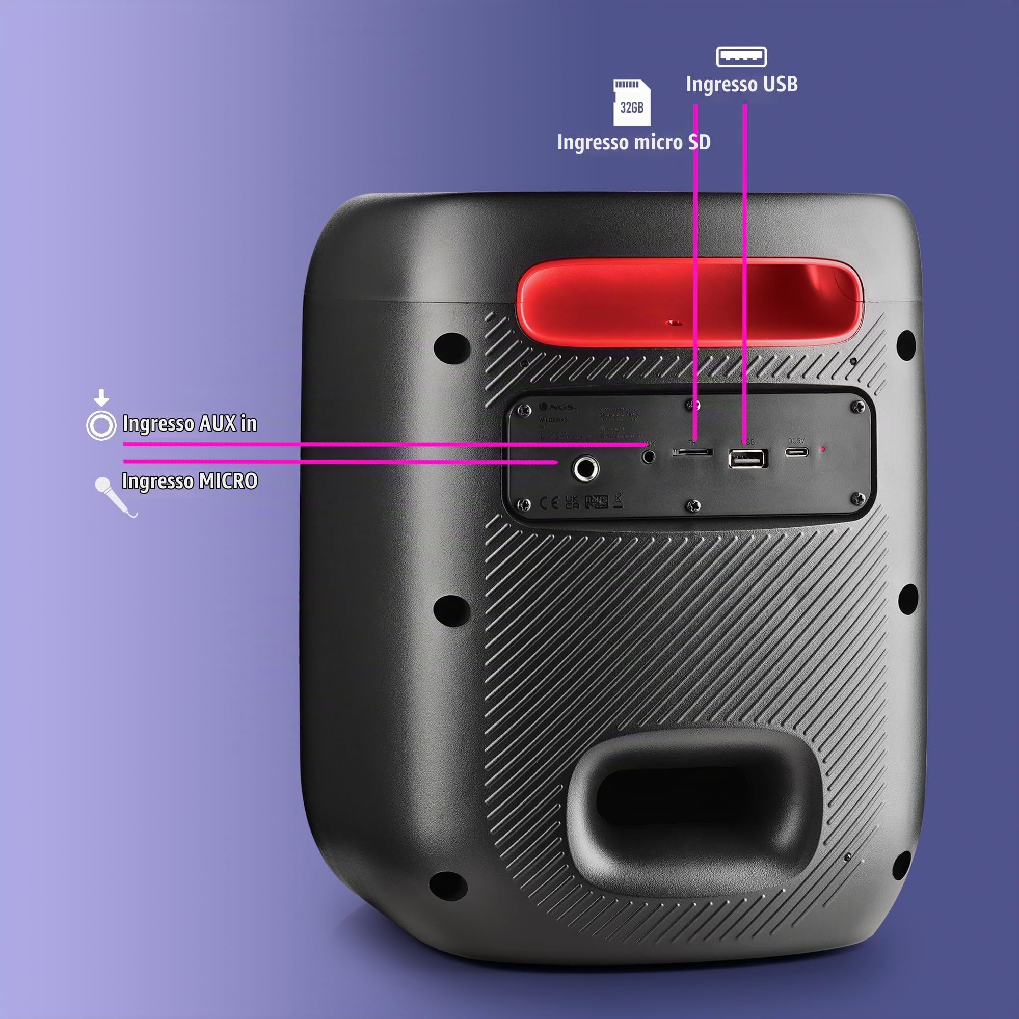 NGS Wild Swag Go - Speaker Wireless Portatile, Cassa Altoparlante Impermeabile IPX4, 2 Ingressi per Microfono e Chitarra, USB, con processore DSP, Nero, Spina AC UE (tipo C)